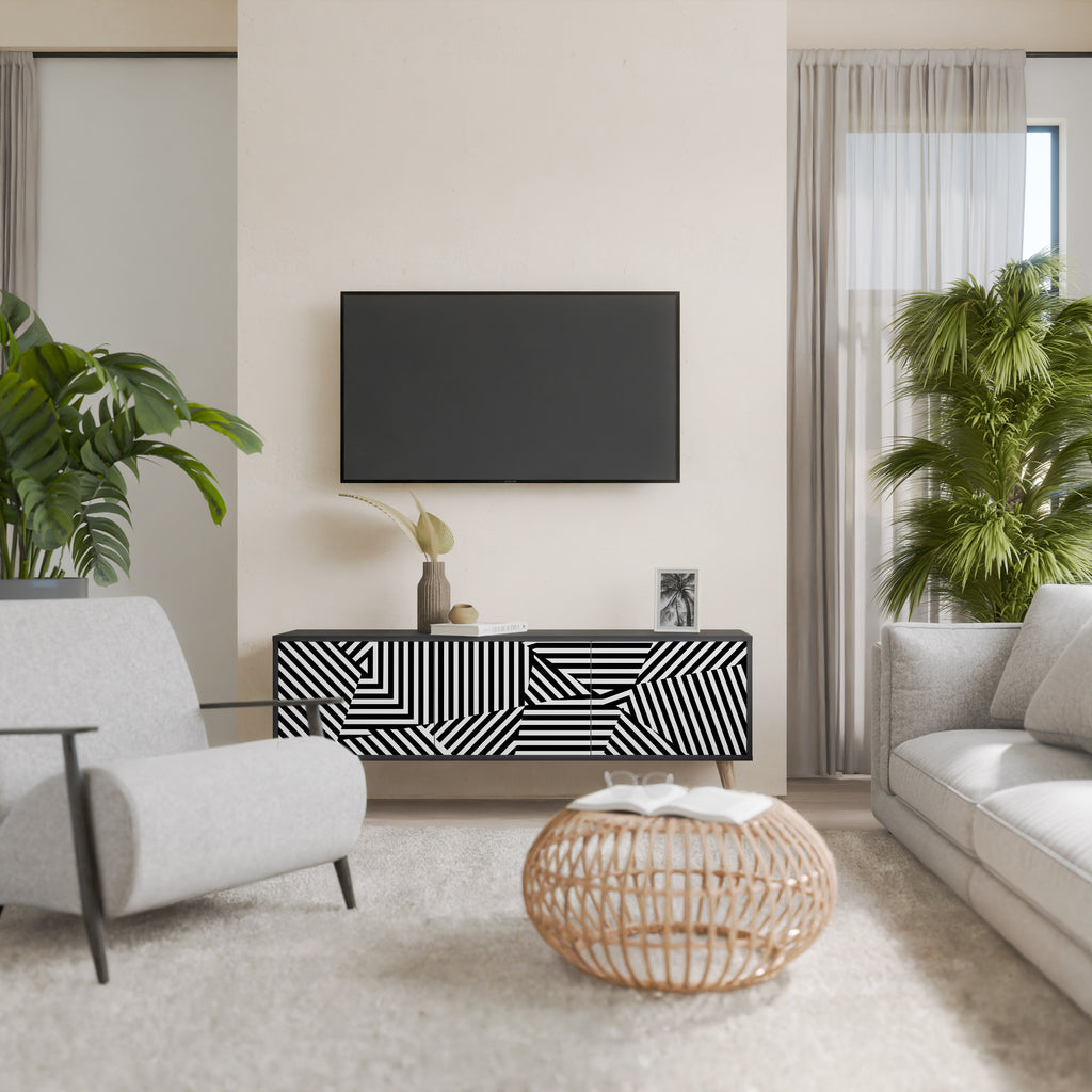ILLUSIONARY LATTICE 3-Door TV Stand in Black Finish