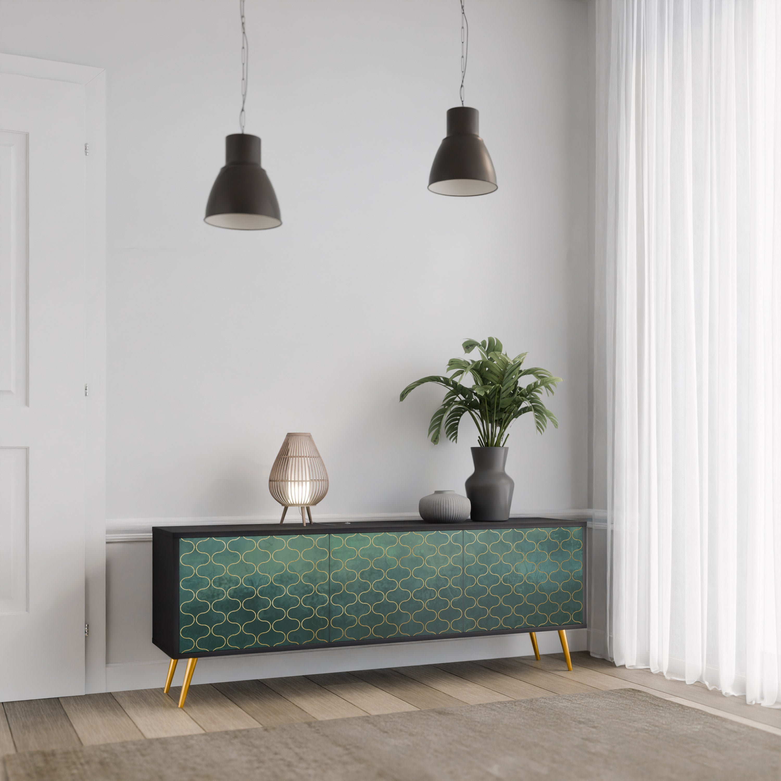 TESSELATED GREENERY 3-dörrars TV-bänk i svart finish