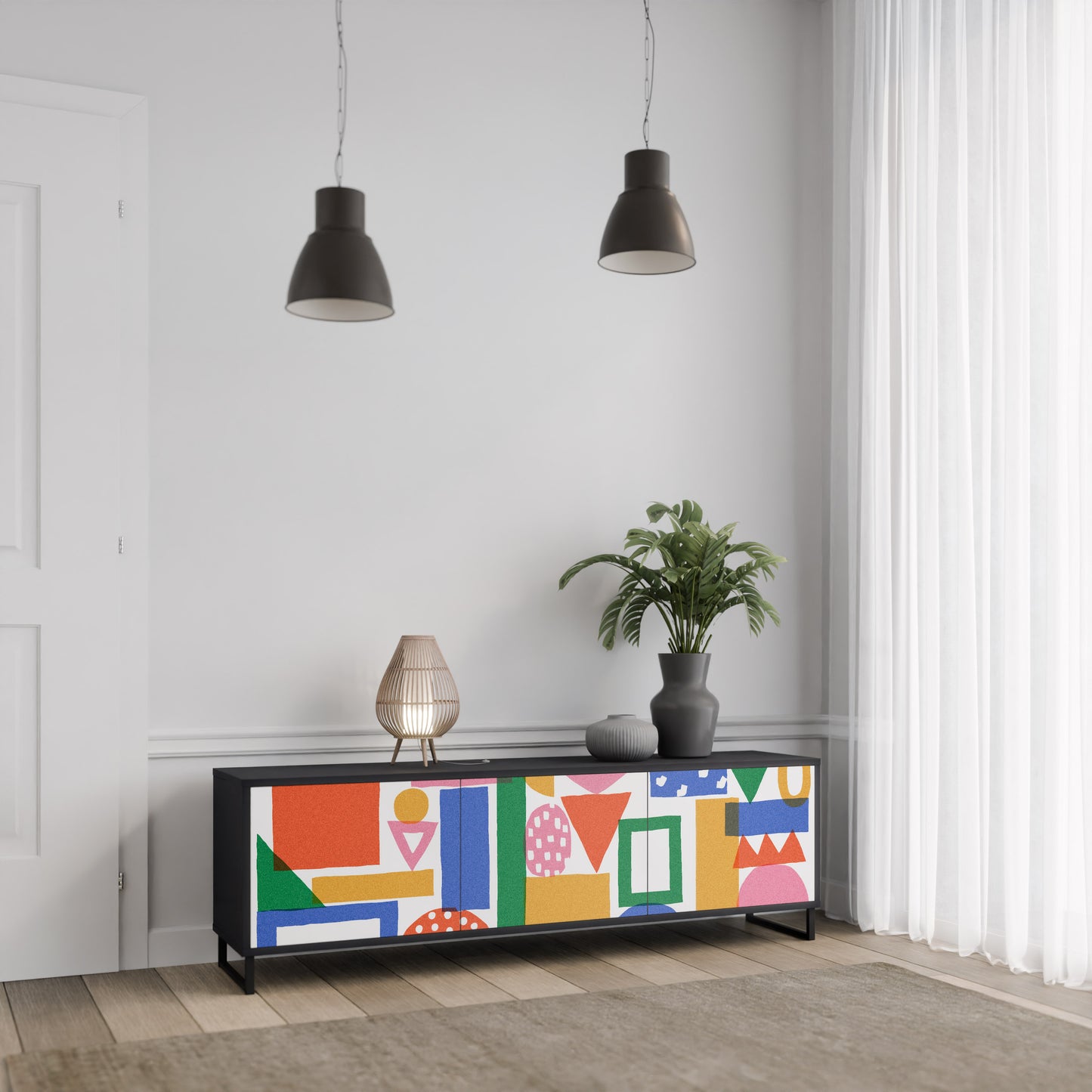 GEOMETRIC GLIMMER 3-dörrars TV-bänk i svart finish