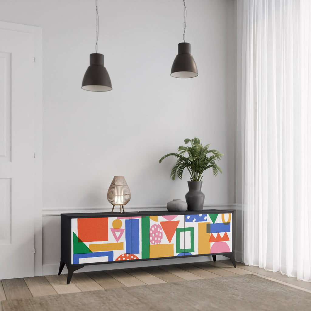 GEOMETRIC GLIMMER 3-dörrars TV-bänk i svart finish