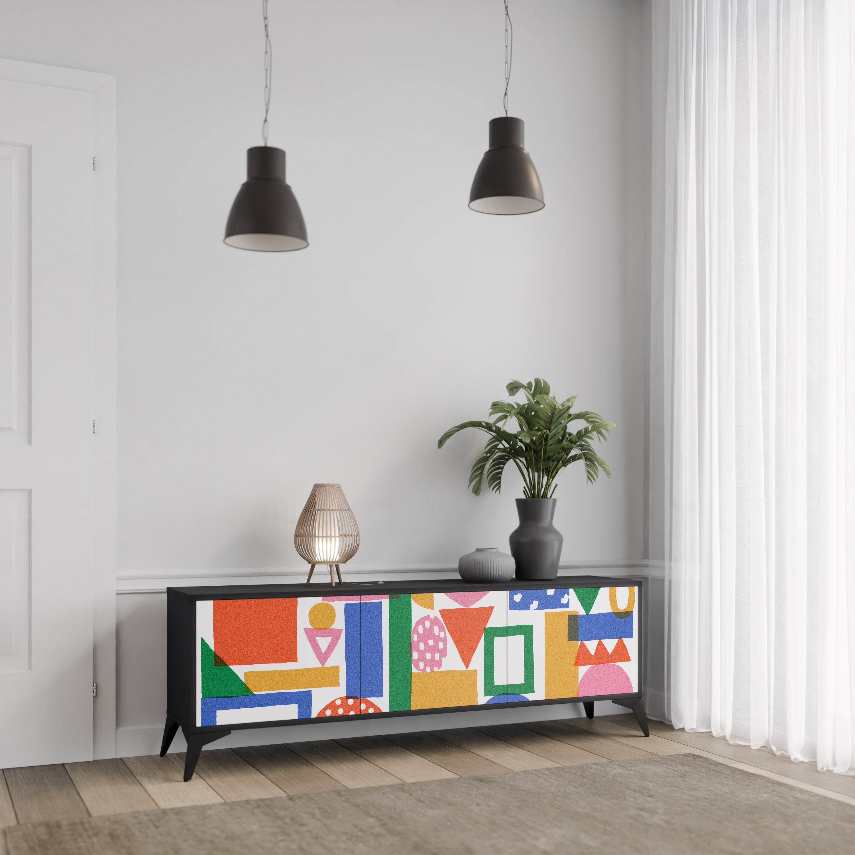 GEOMETRIC GLIMMER 3-dörrars TV-bänk i svart finish