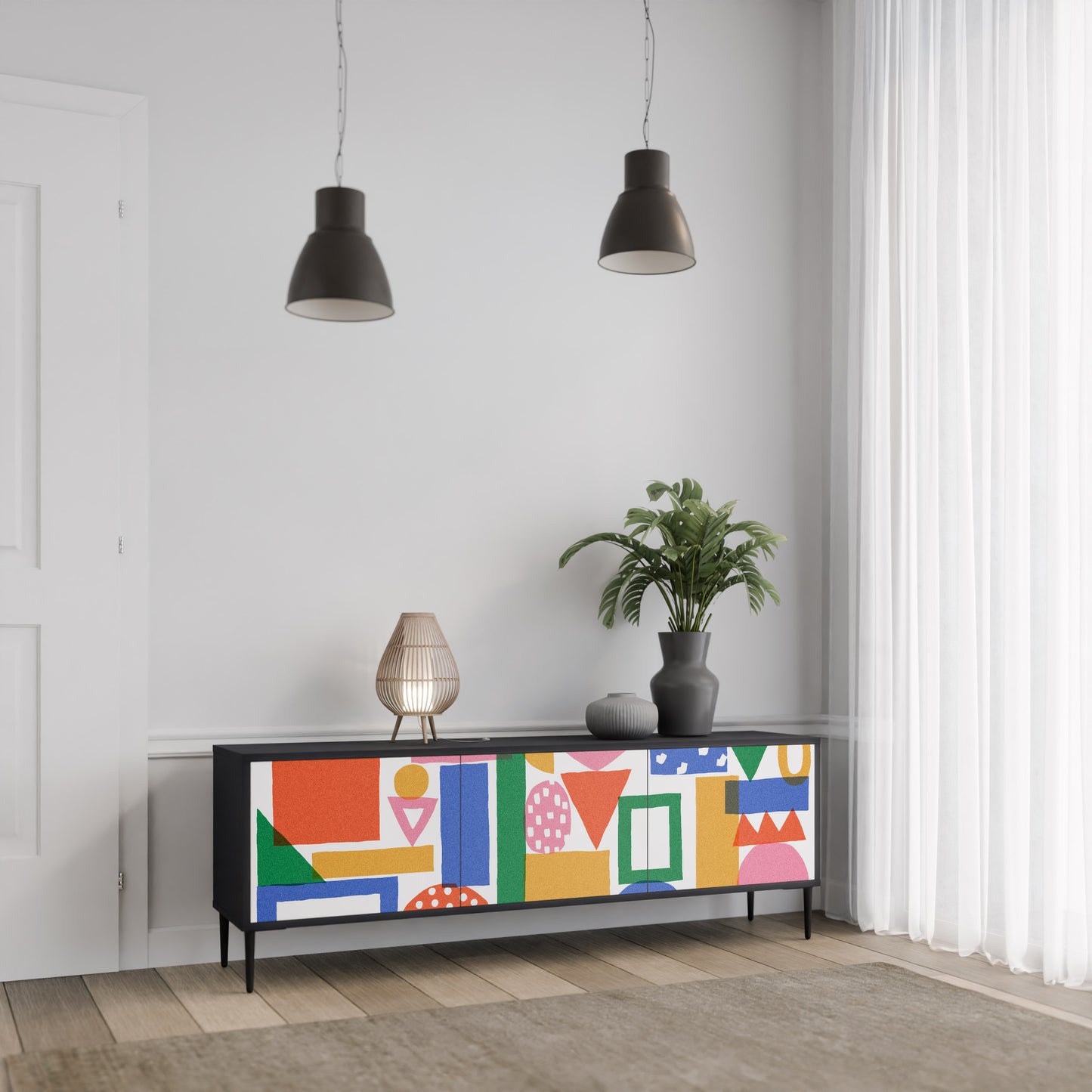 GEOMETRIC GLIMMER 3-dörrars TV-bänk i svart finish