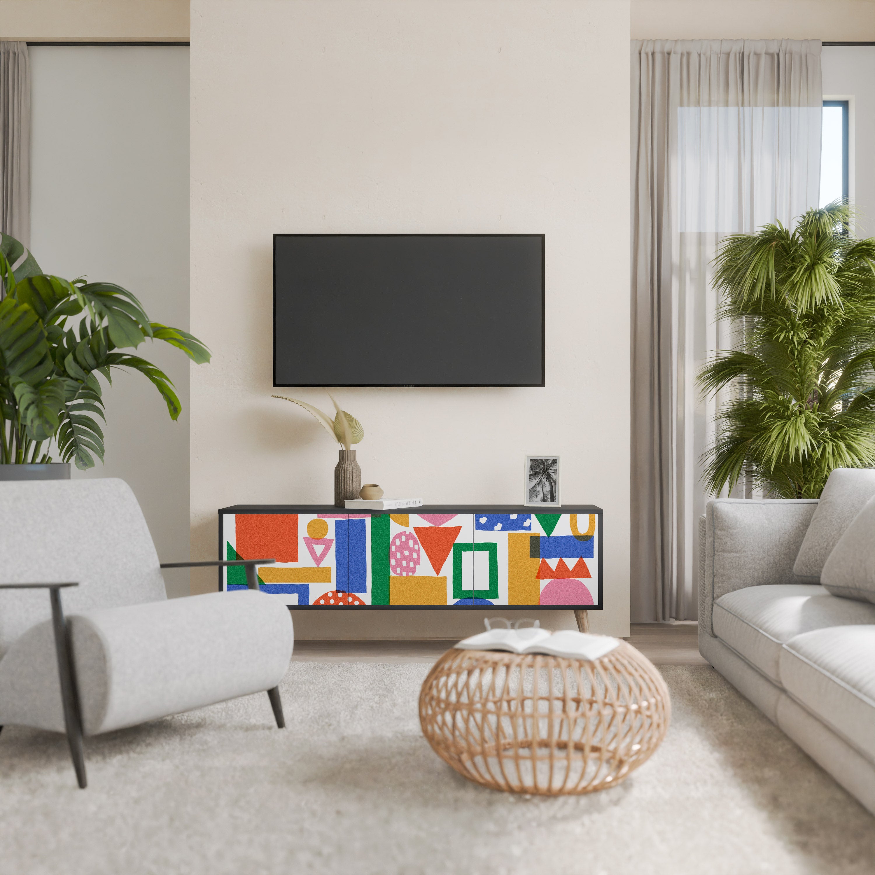 GEOMETRIC GLIMMER 3-dörrars TV-bänk i svart finish