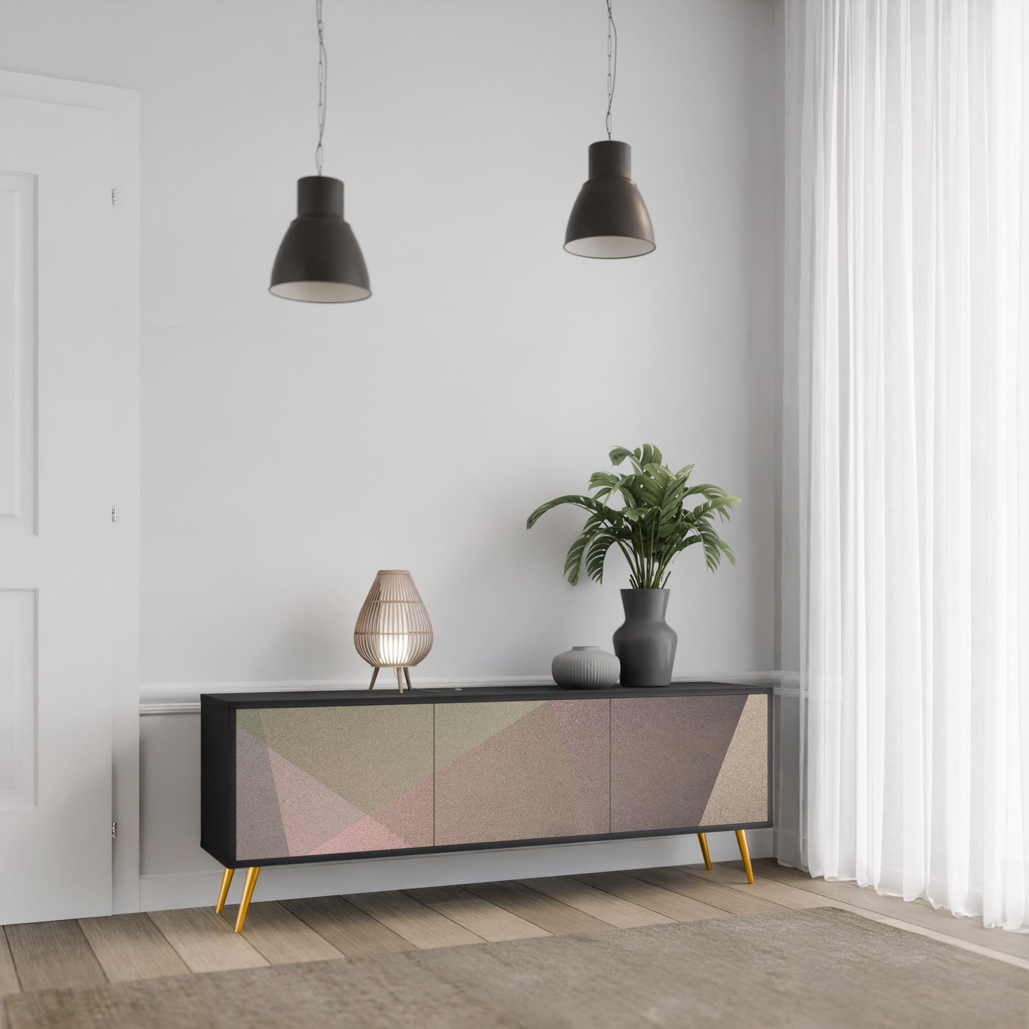 BEIGE GEOMETRY 3-dörrars TV-bänk i svart finish