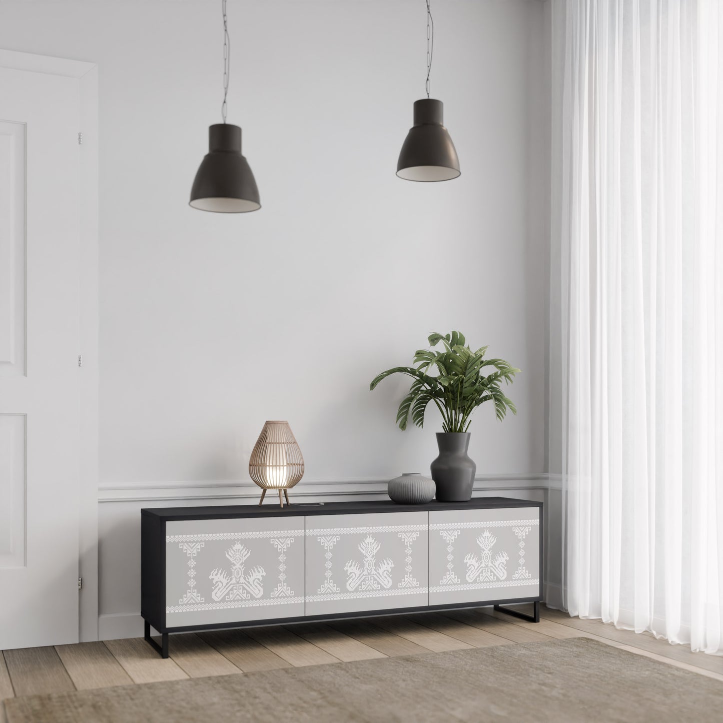 THAI GRAY 3-Door TV Stand in Black Finish