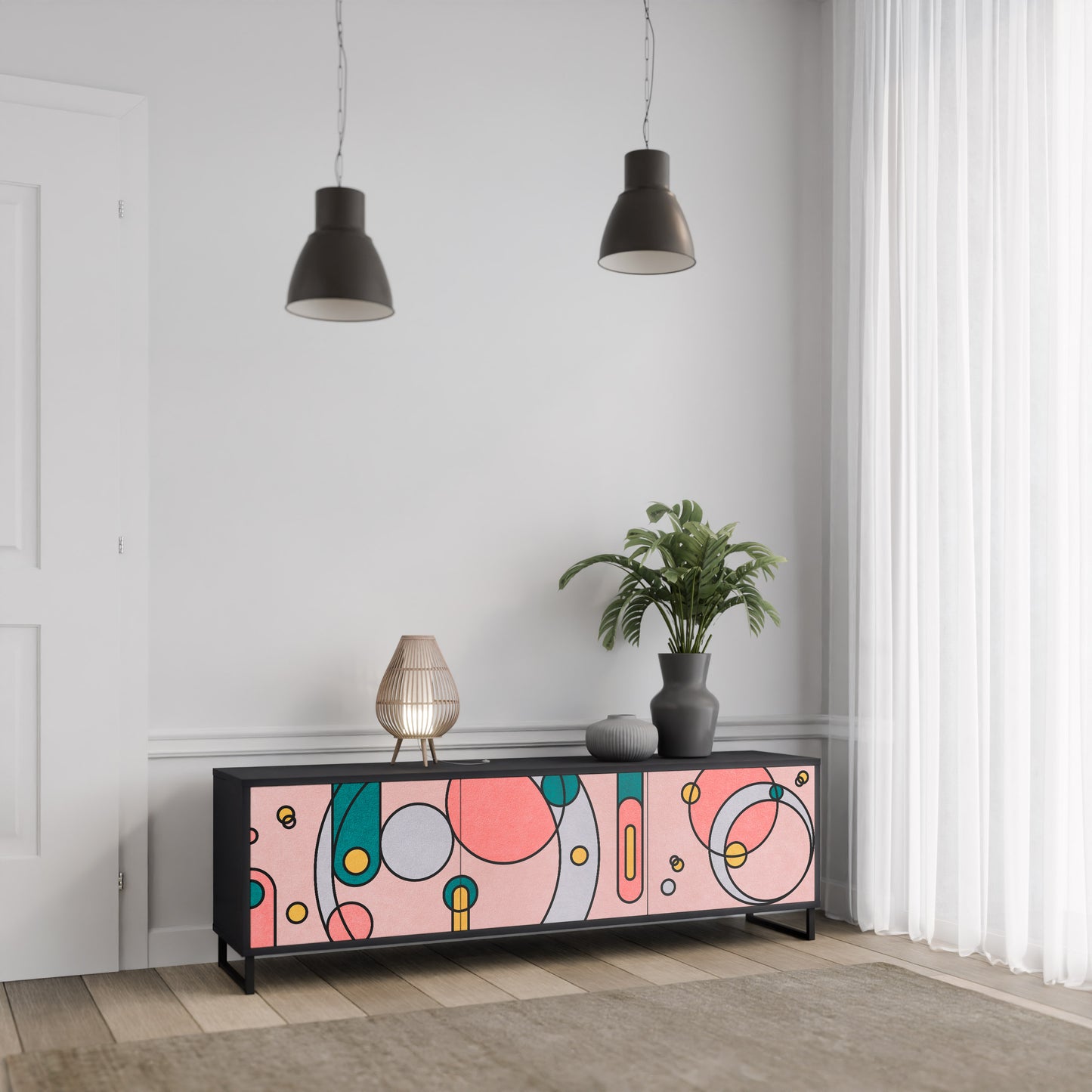 GOSSAMER ECHOES 3-Door TV Stand in Black Finish
