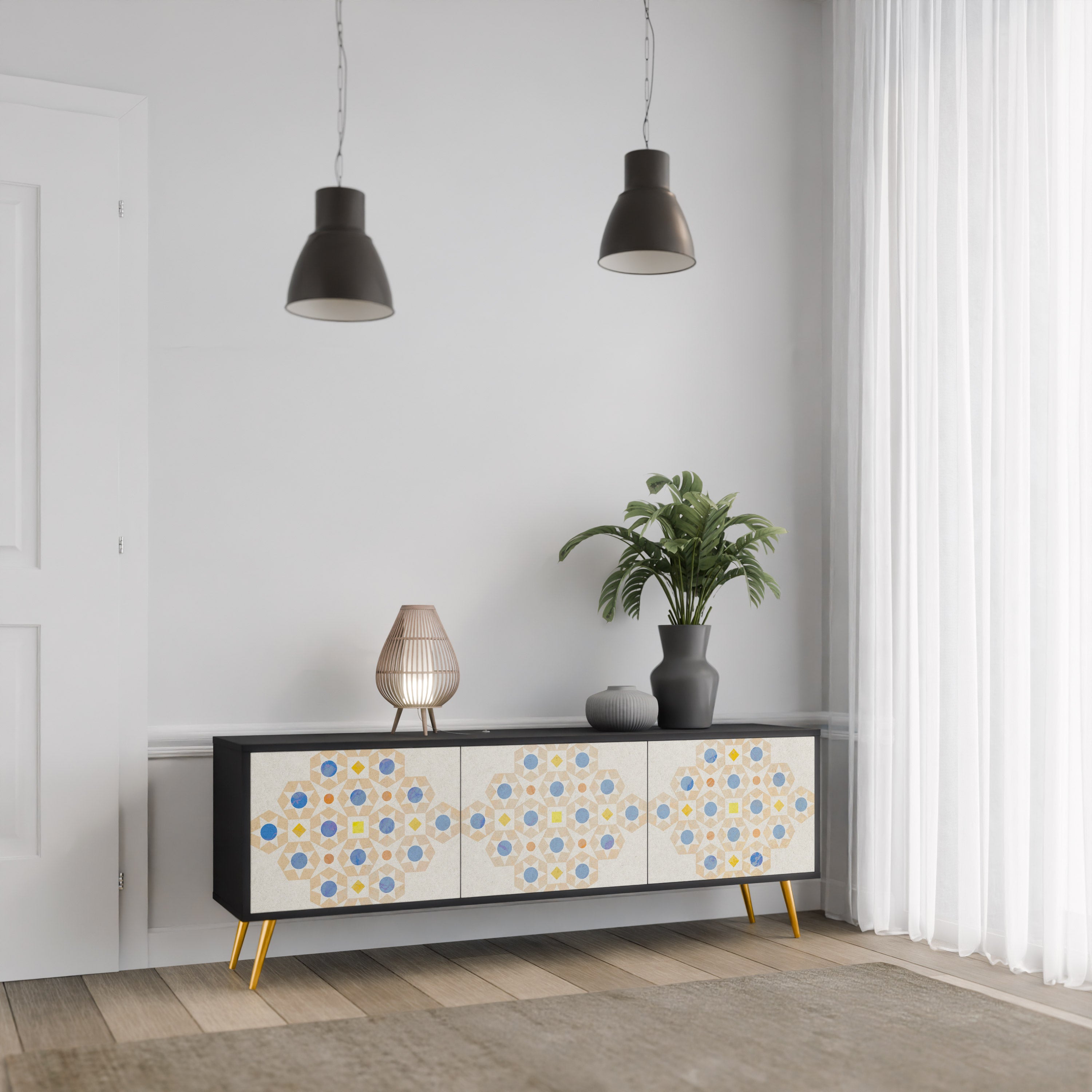 Mönstrat Prism TV-bänk med 3 dörrar i svart finish