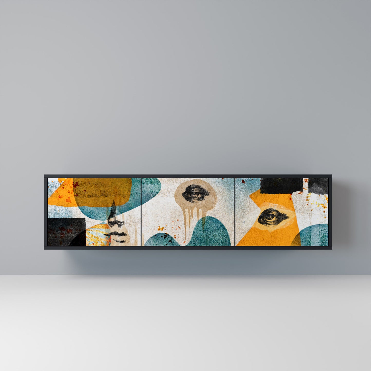 ABSTRACT FACES 3-Door TV Stand in Black Finish