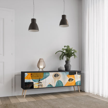 ABSTRACT FACES 3-Door TV Stand in Black Finish