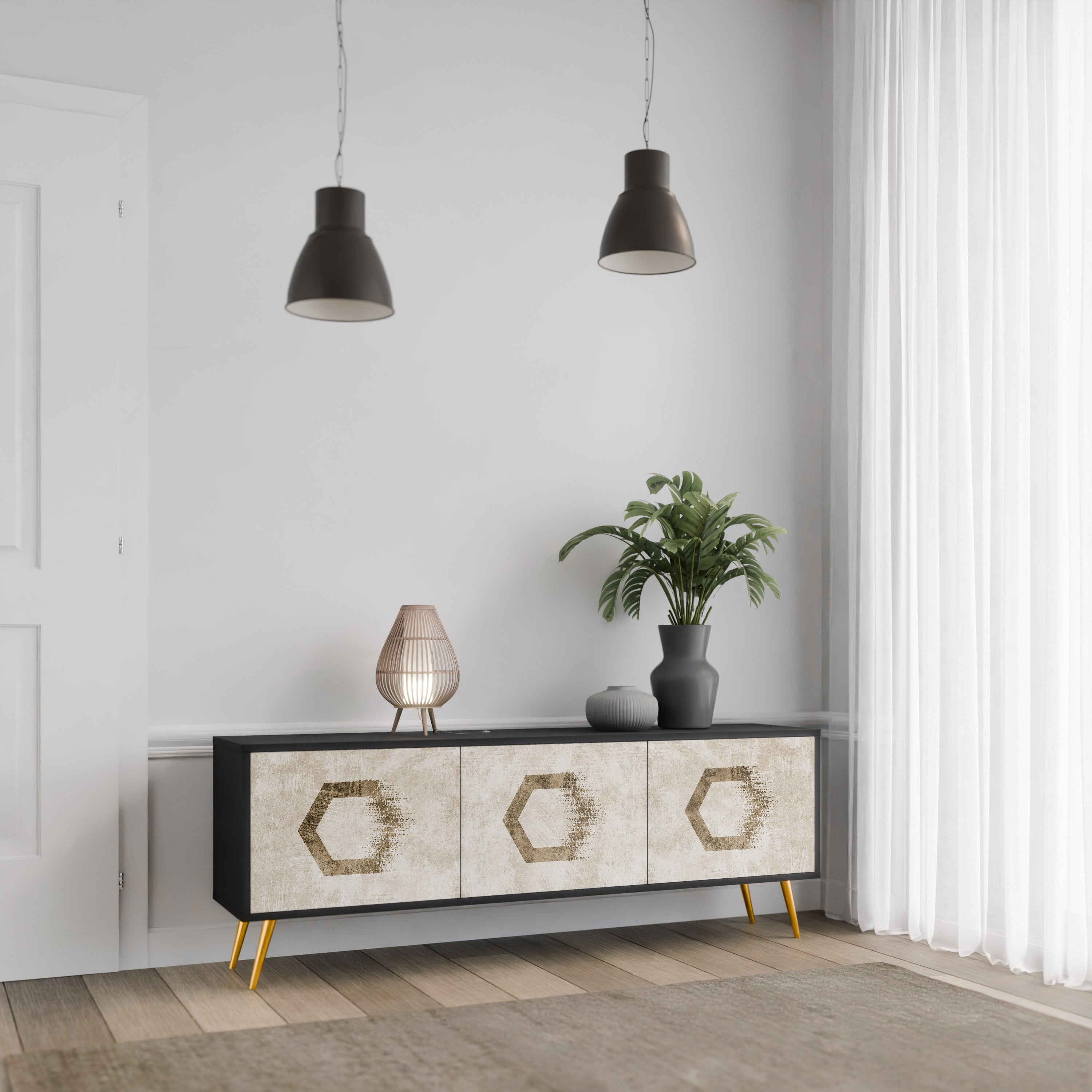 HEXAGONAL SHAPES 3-dörrars TV-bänk i svart finish
