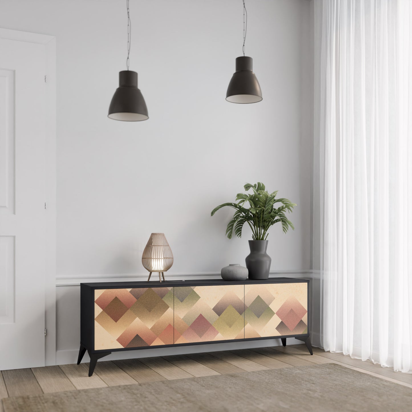 GEOMETRIC FUSION 3-dörrars TV-bänk i svart finish