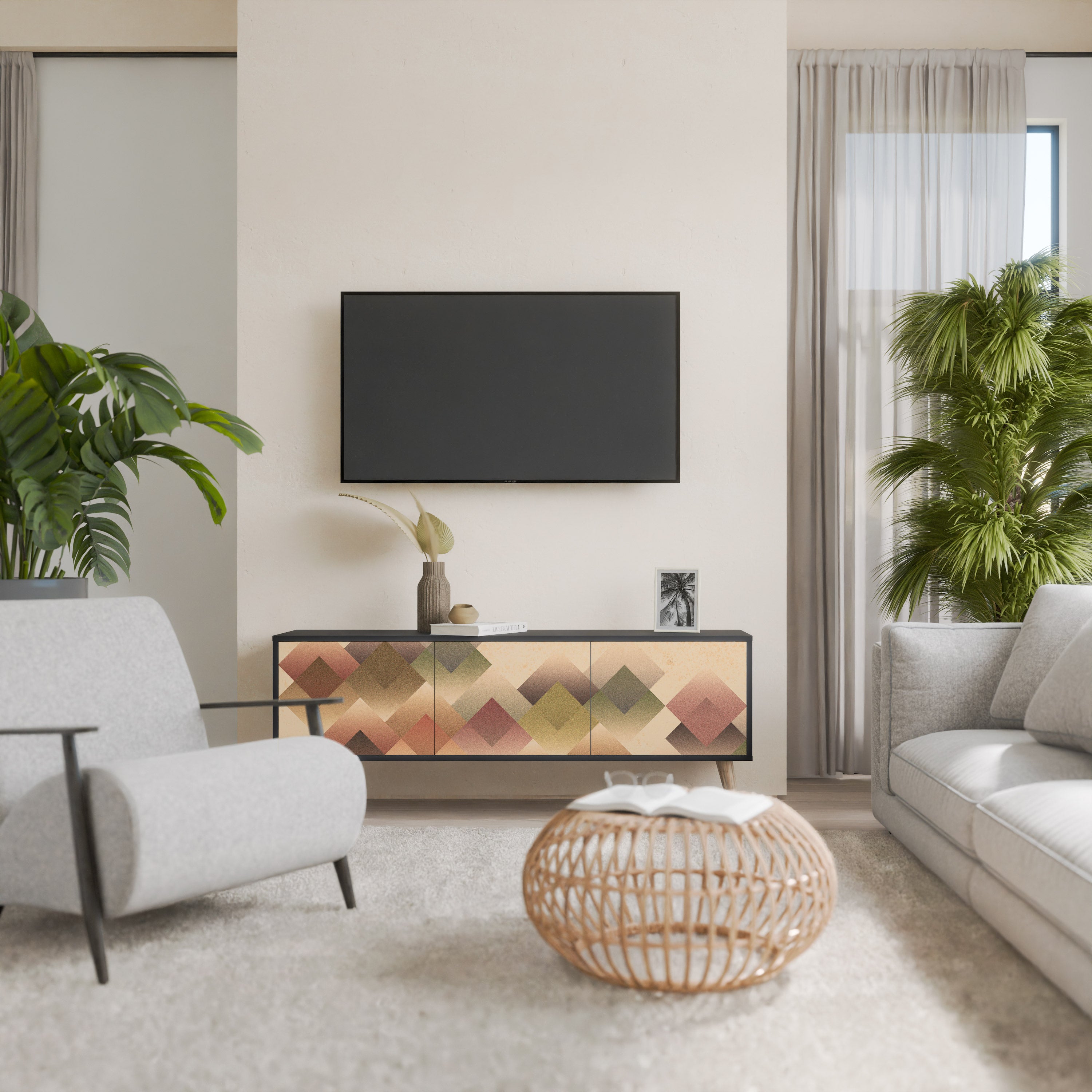 GEOMETRIC FUSION 3-dörrars TV-bänk i svart finish