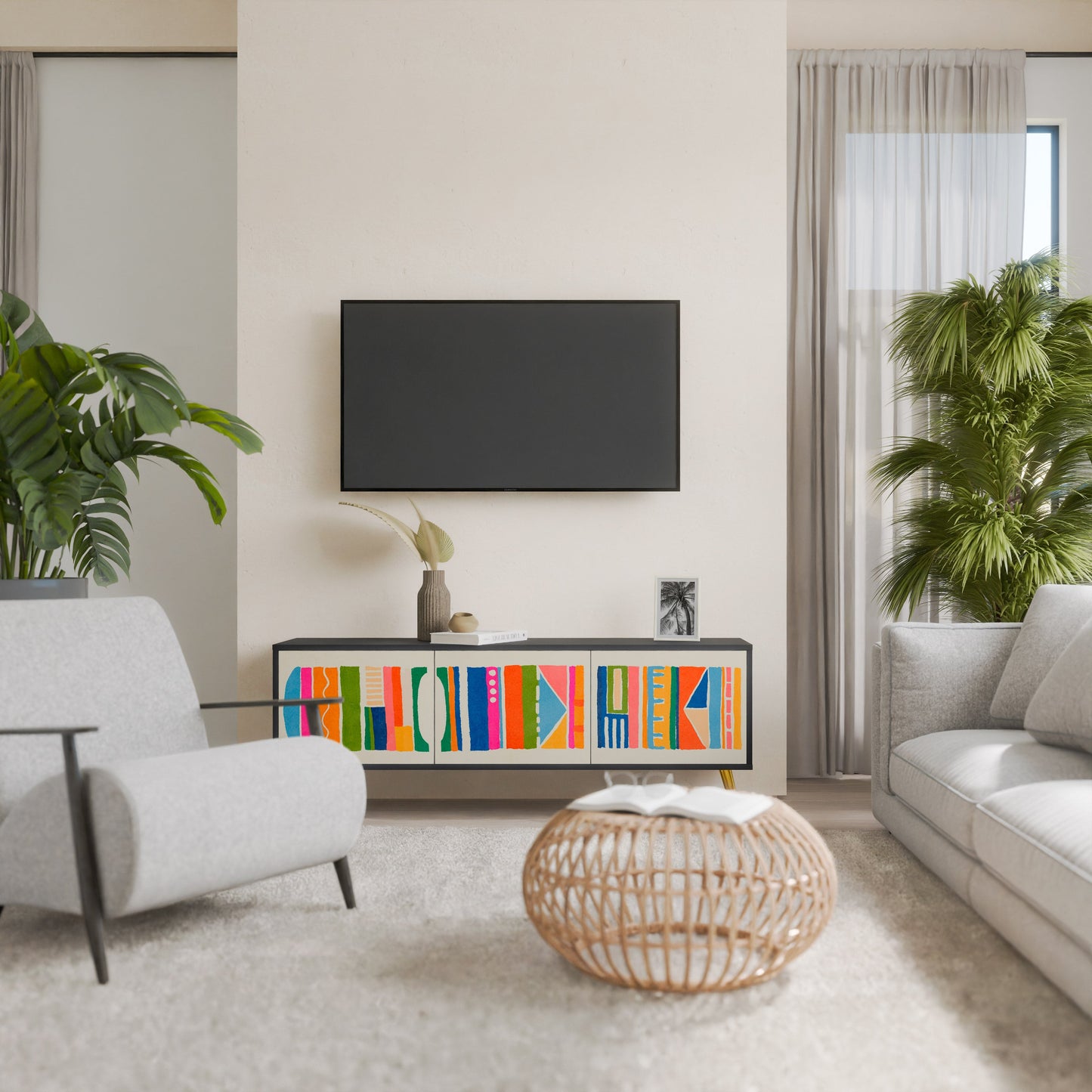 GEOMETRISK SHINE TV-bänk med 3 dörrar i svart finish