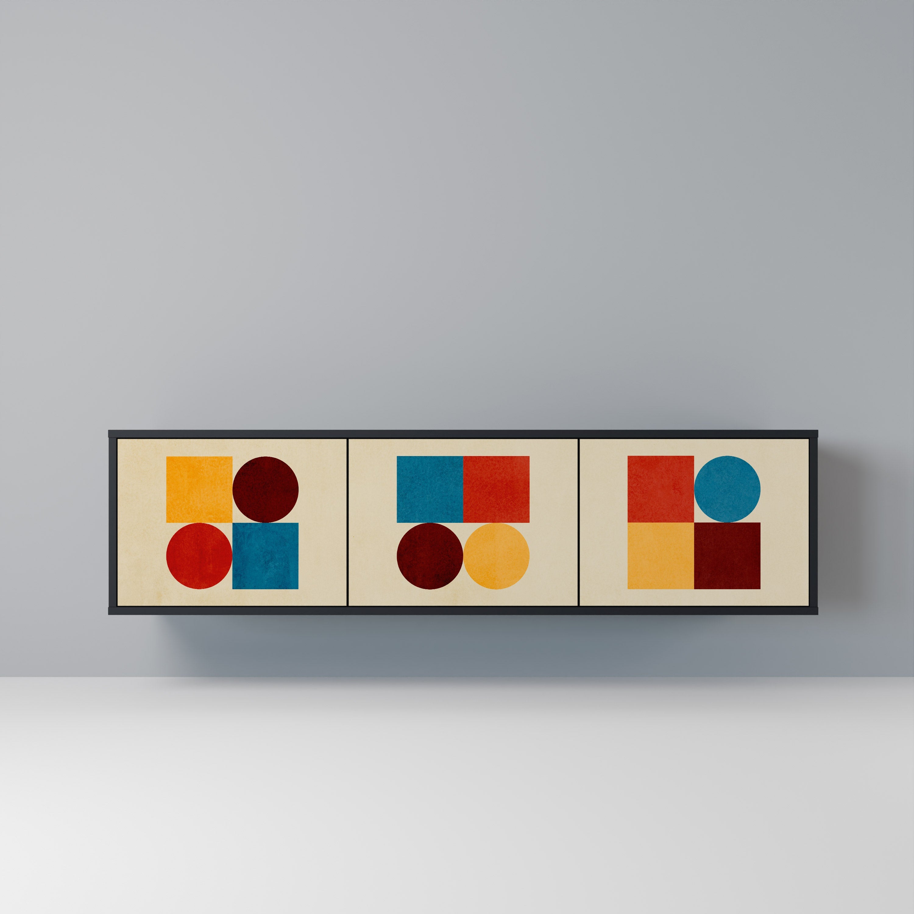 GEOMETRISKT PUSSEL TV-bänk med 3 dörrar i svart finish