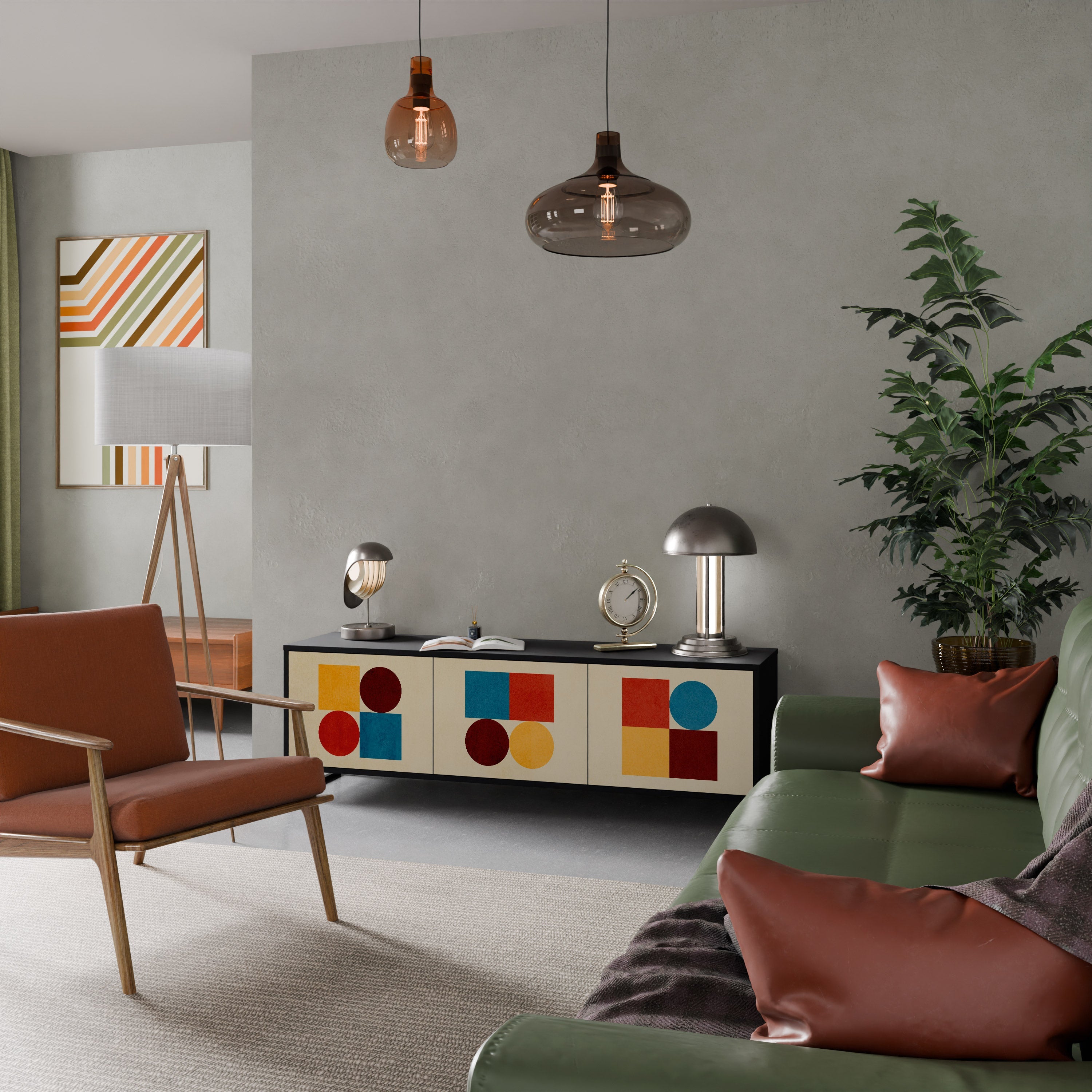 GEOMETRISKT PUSSEL TV-bänk med 3 dörrar i svart finish