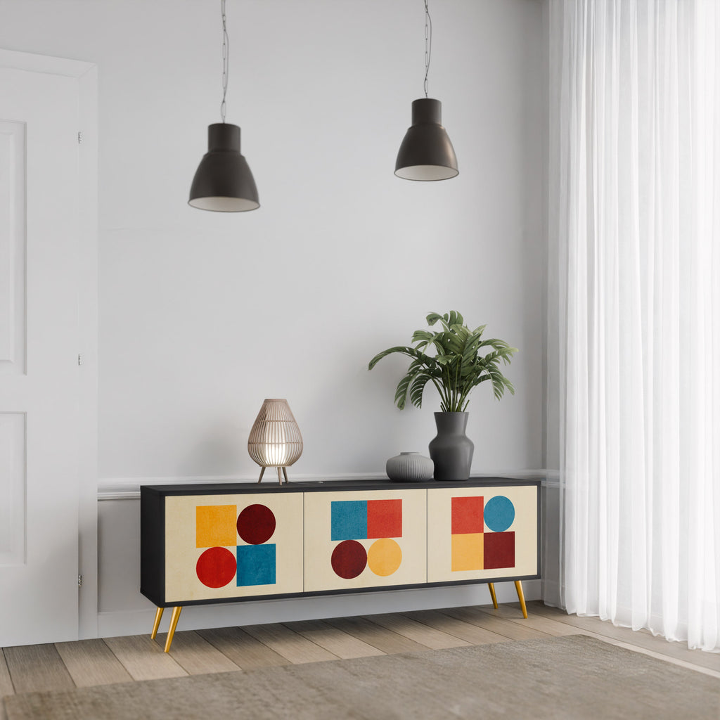 GEOMETRISKT PUSSEL TV-bänk med 3 dörrar i svart finish
