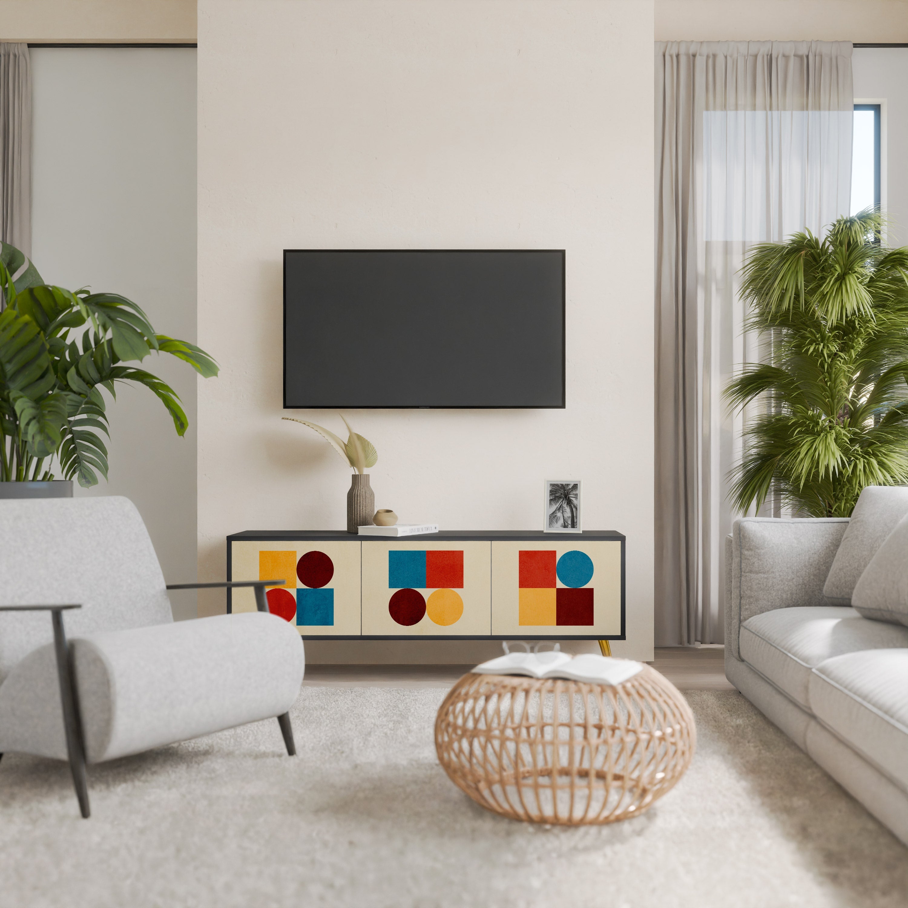GEOMETRISKT PUSSEL TV-bänk med 3 dörrar i svart finish
