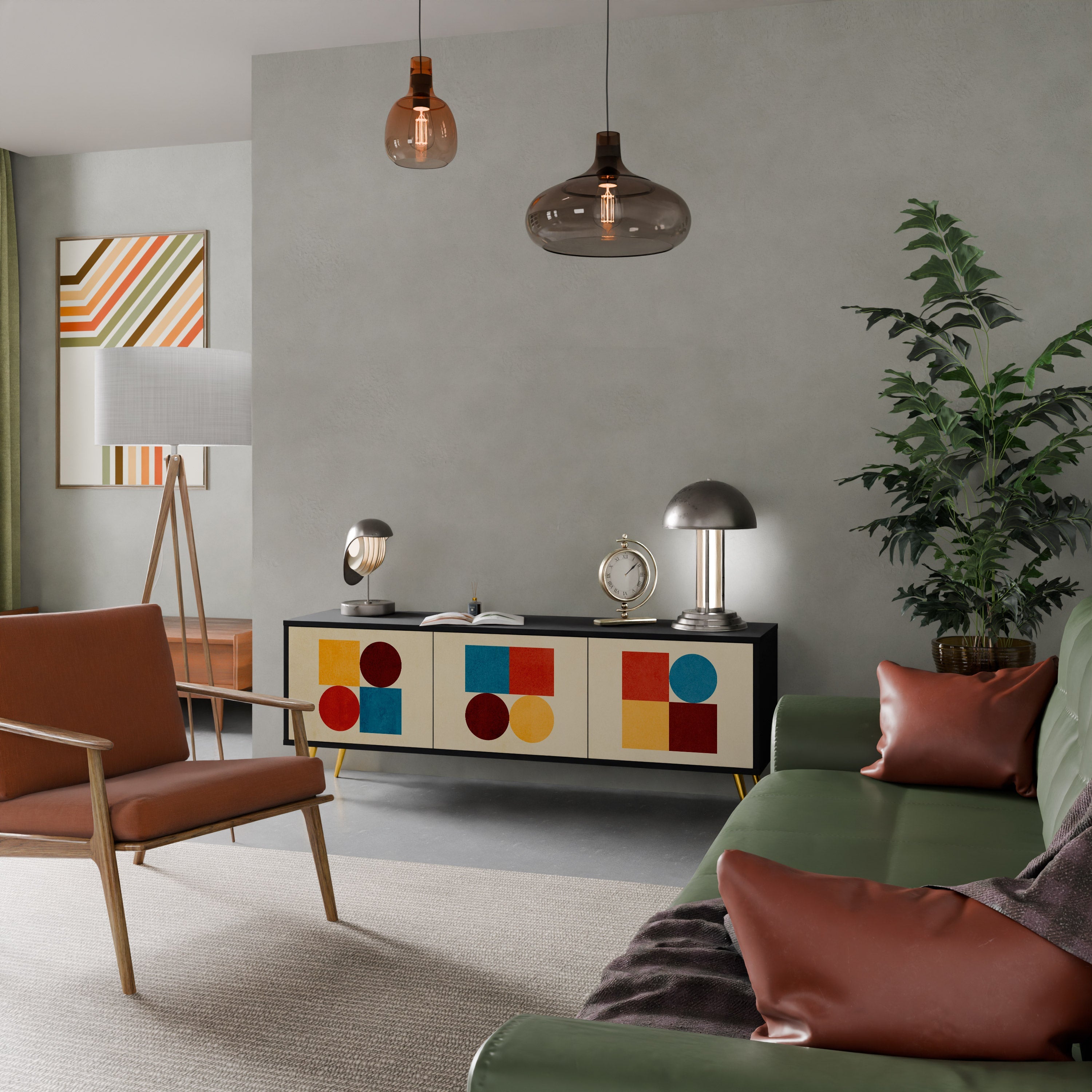 GEOMETRISKT PUSSEL TV-bänk med 3 dörrar i svart finish