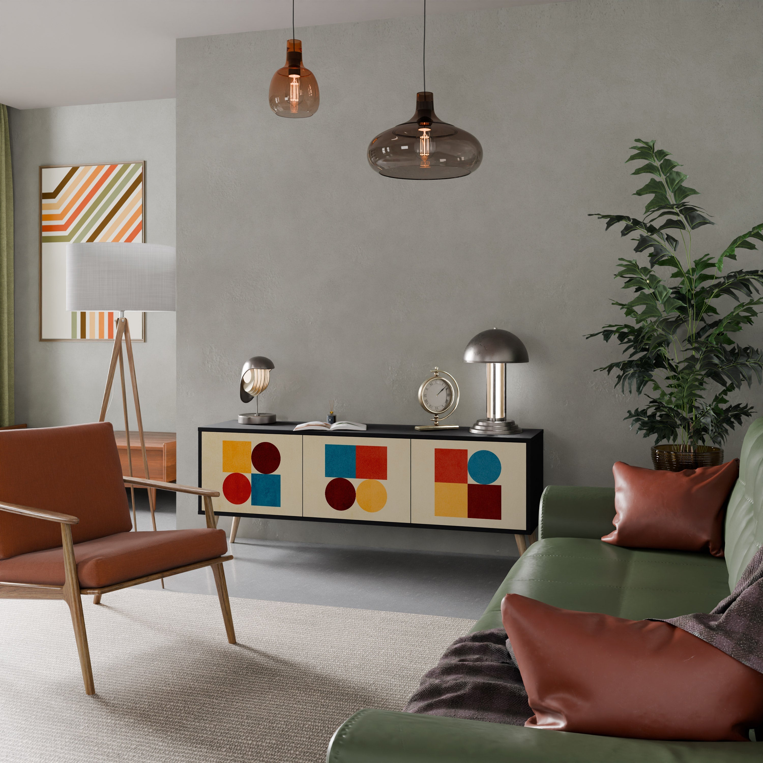 GEOMETRISKT PUSSEL TV-bänk med 3 dörrar i svart finish