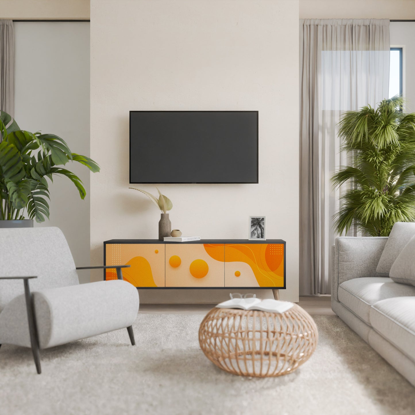 ORANGE ARRANGEMENT TV-bänk med 3 dörrar i svart finish
