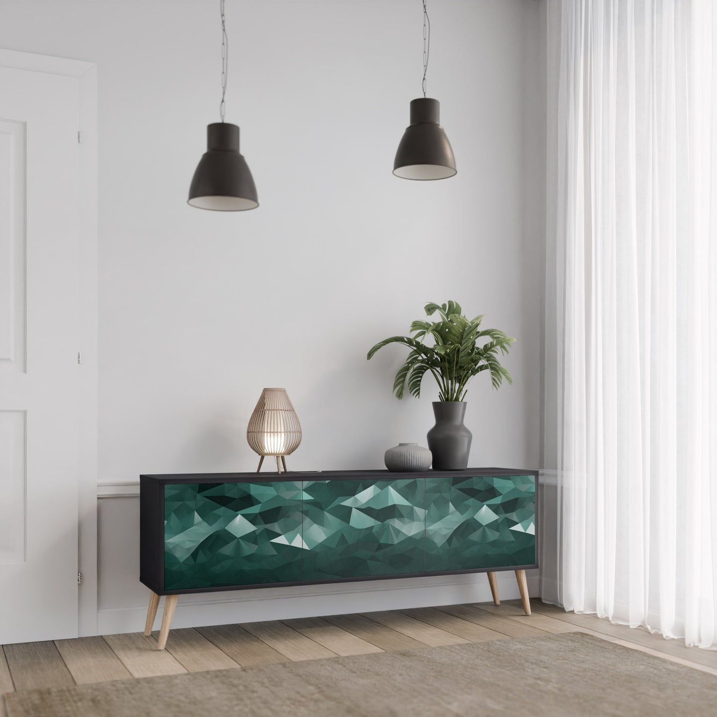 POLYGONAL SVÄVANDE TV-STÄB med 3 dörrar i svart finish