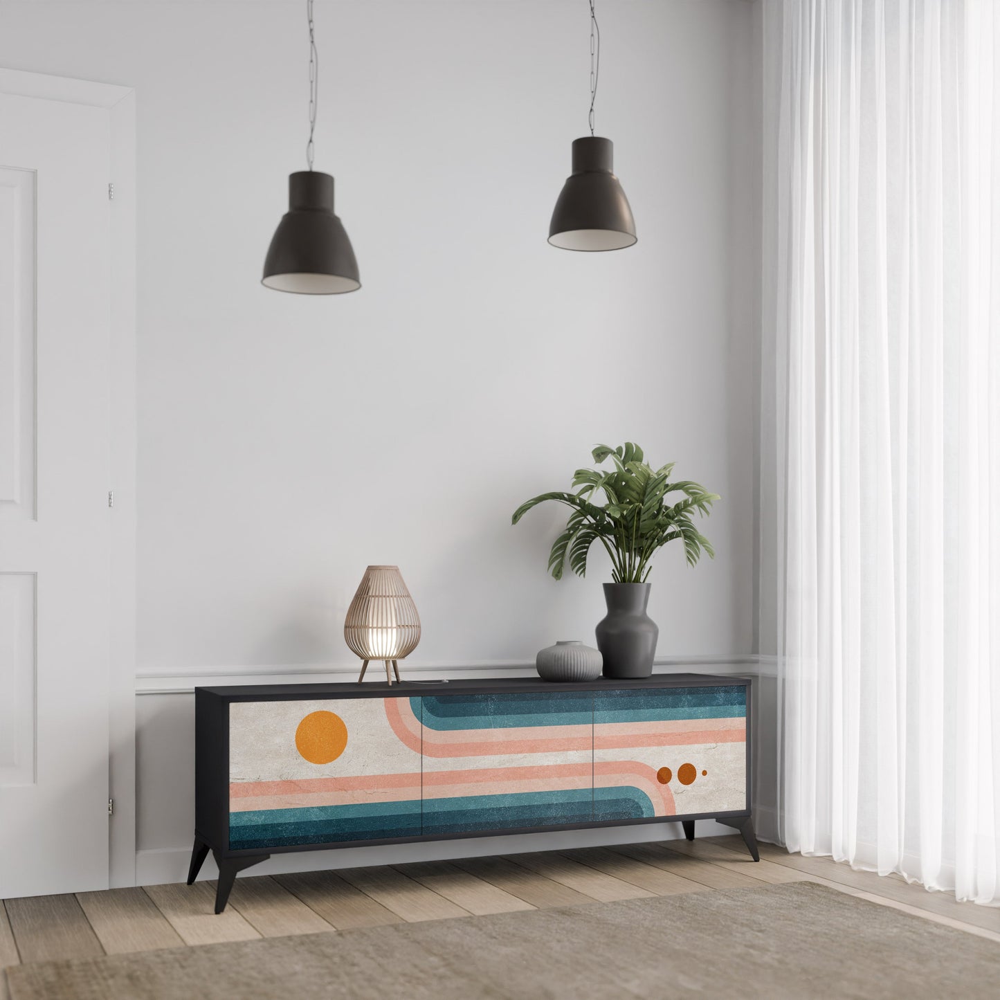 TV-bänk med 3 dörrar i svart finish, TWO HALVES