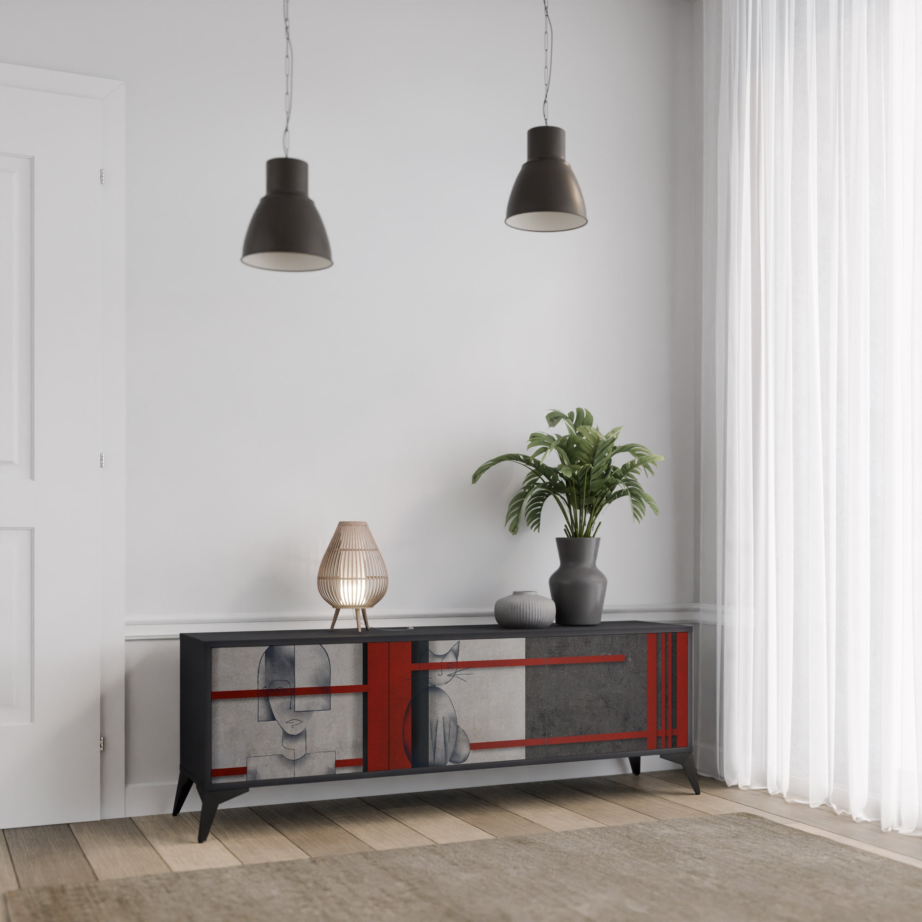 GRAY FIGURES TV-bänk med 3 dörrar i svart finish