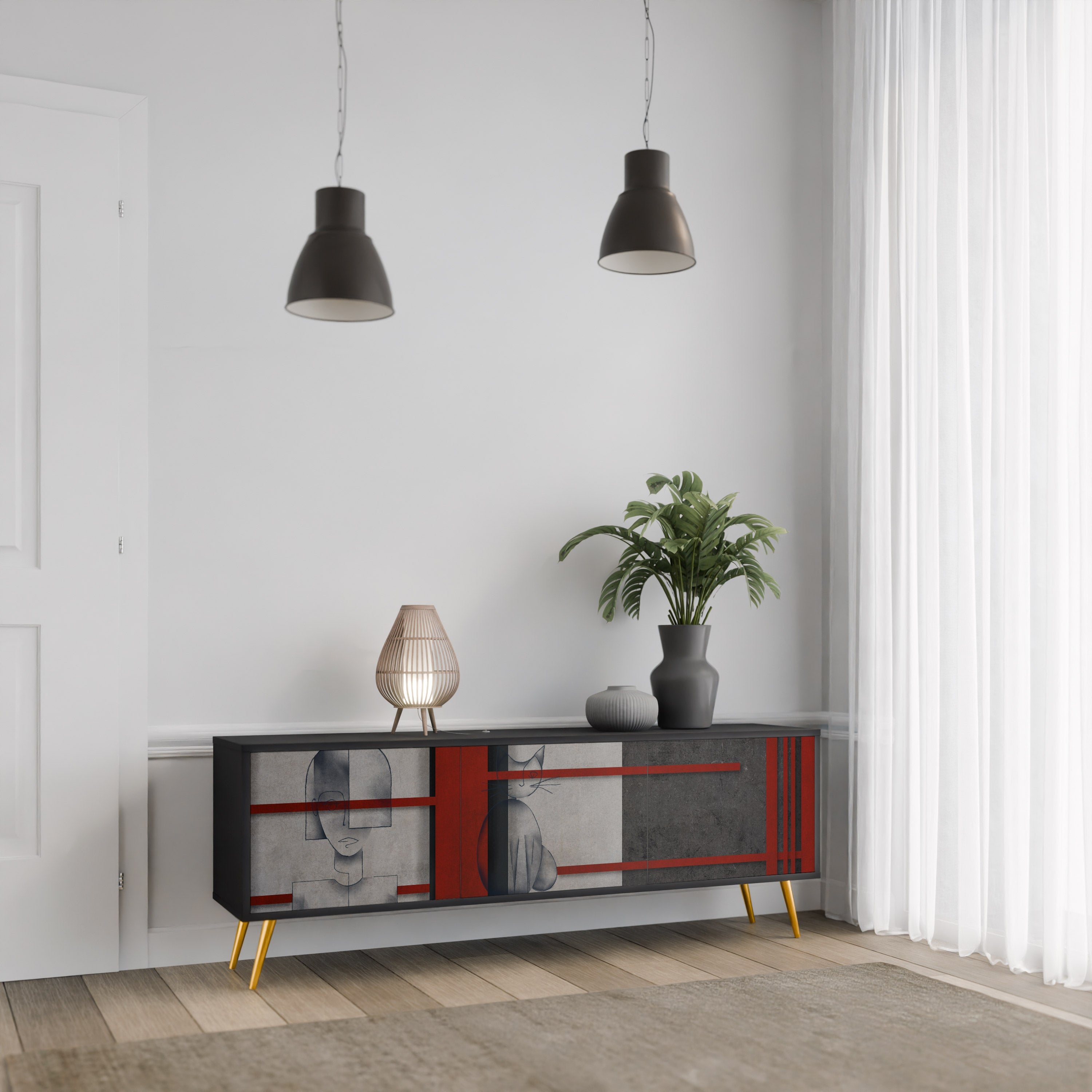 GRAY FIGURES TV-bänk med 3 dörrar i svart finish
