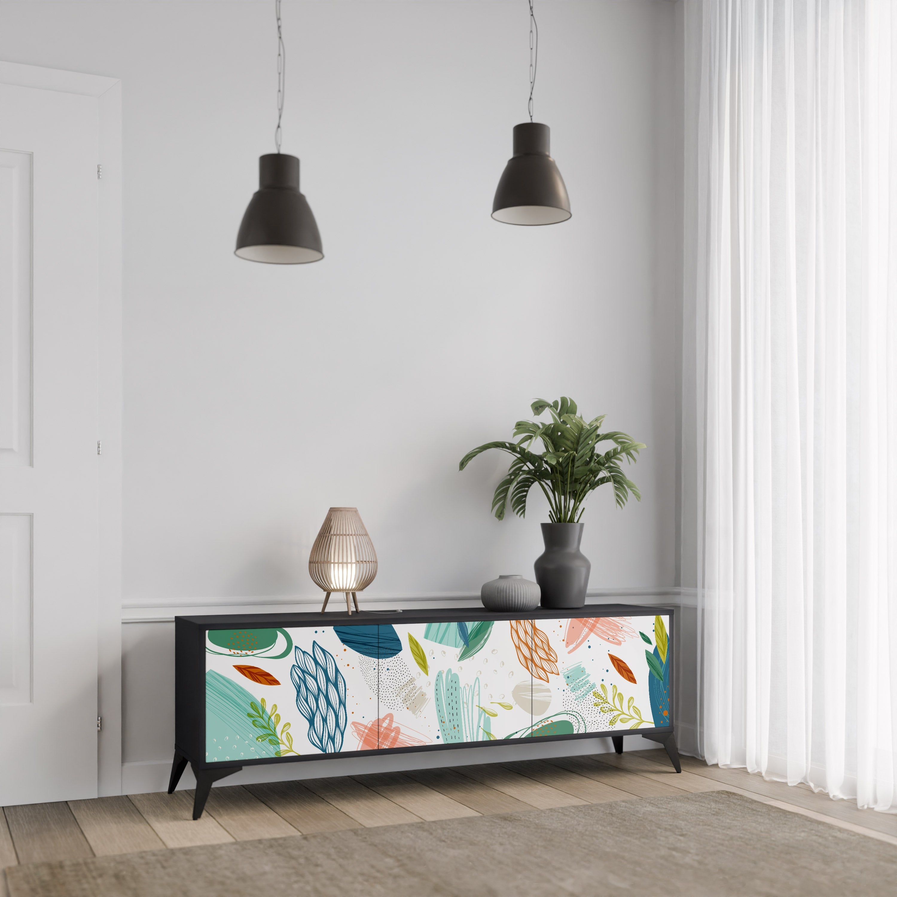 BOTANICAL HURRICANE TV-bänk med 3 dörrar i svart finish
