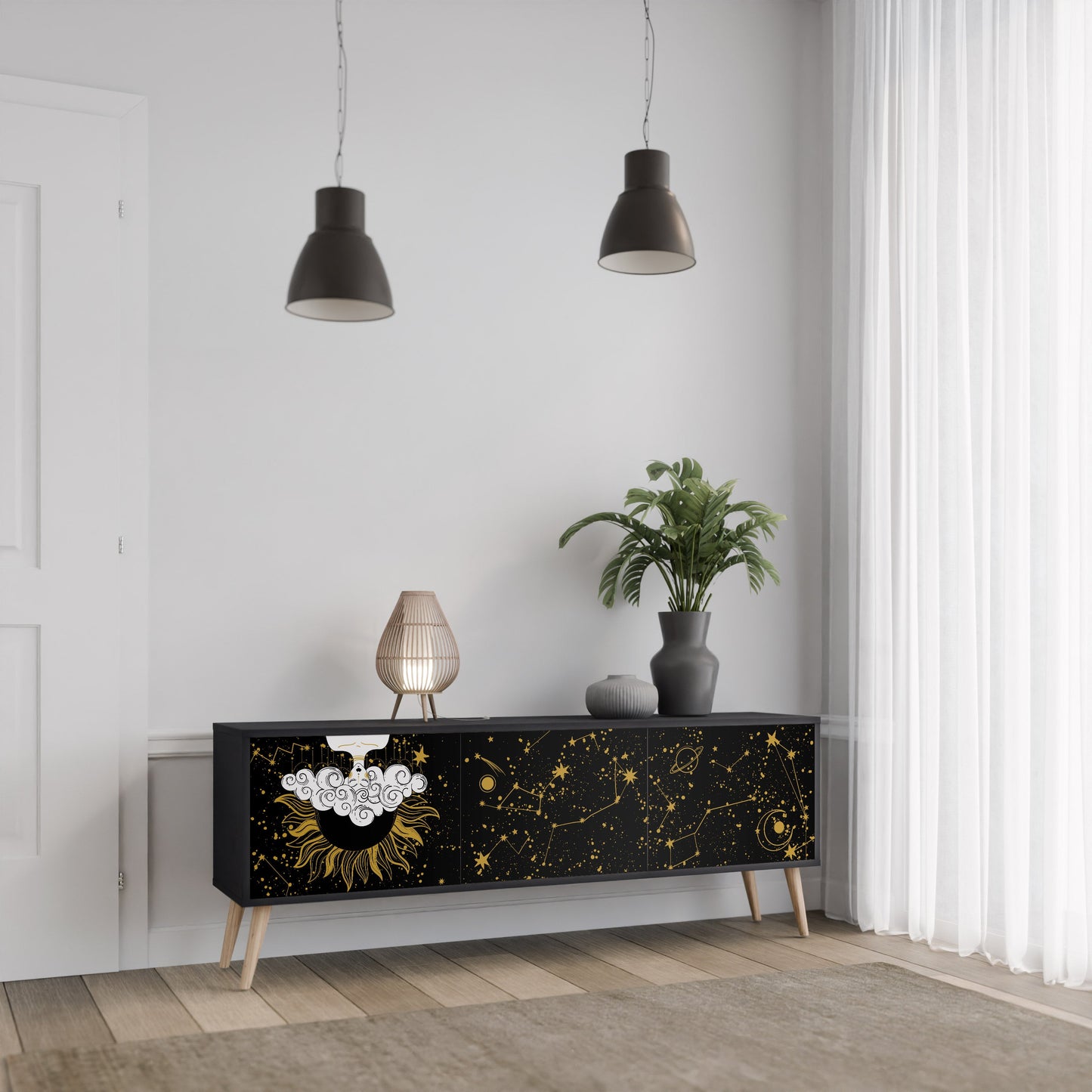 STELLAR CONSTELLATIONS TV-bänk med 3 dörrar i svart finish
