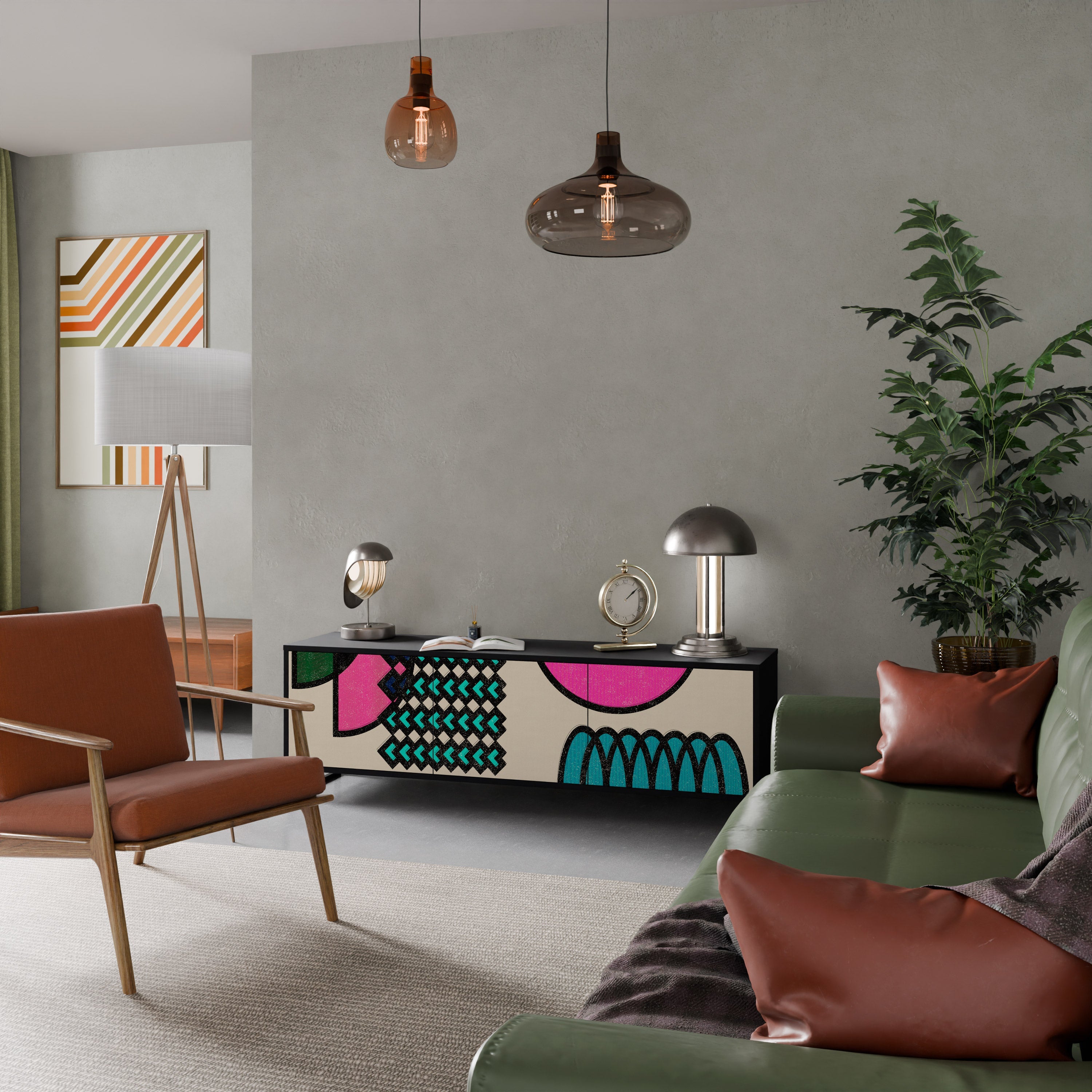 GEOMETRIC RHAPSODY TV-bänk med 3 dörrar i svart finish