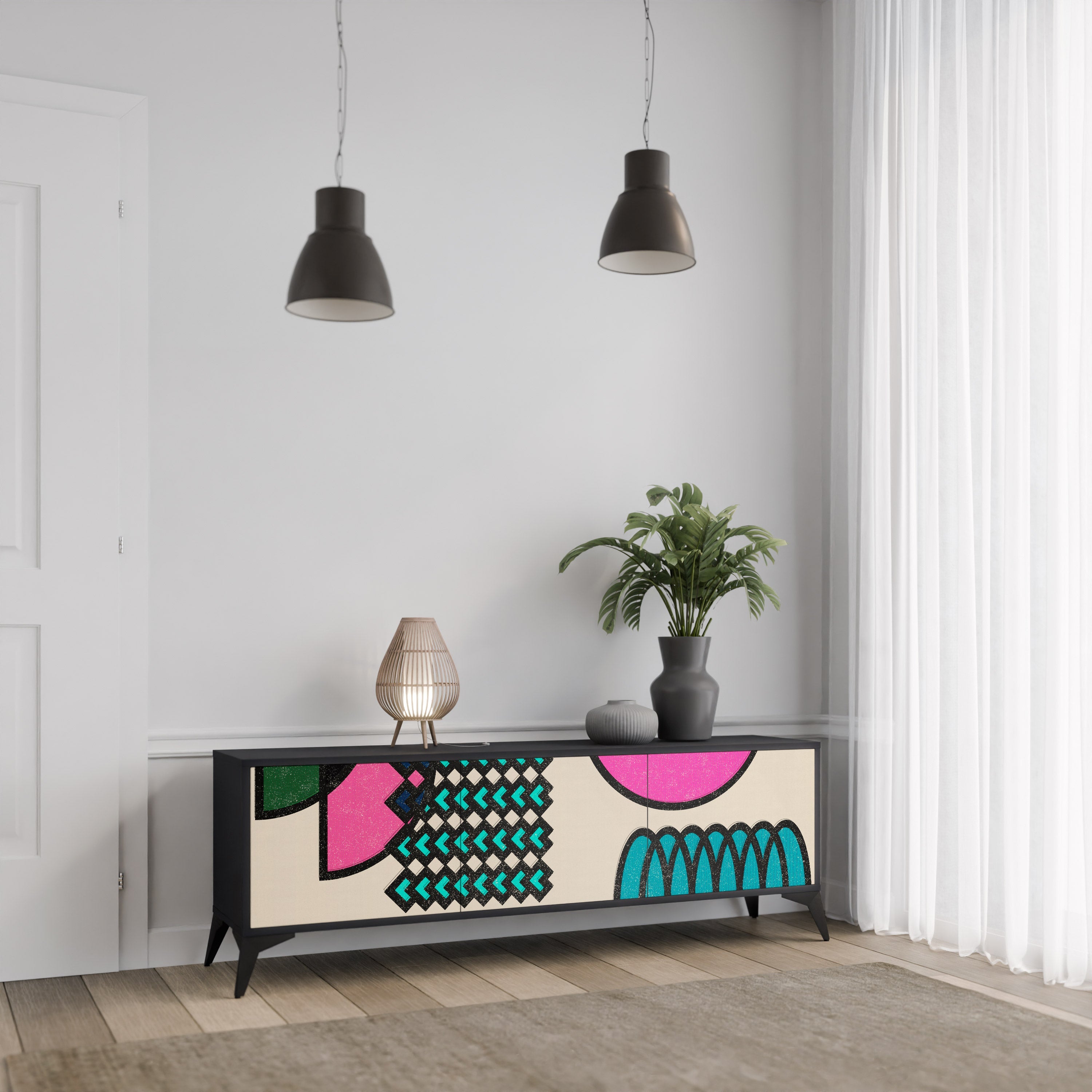 GEOMETRIC RHAPSODY TV-bänk med 3 dörrar i svart finish