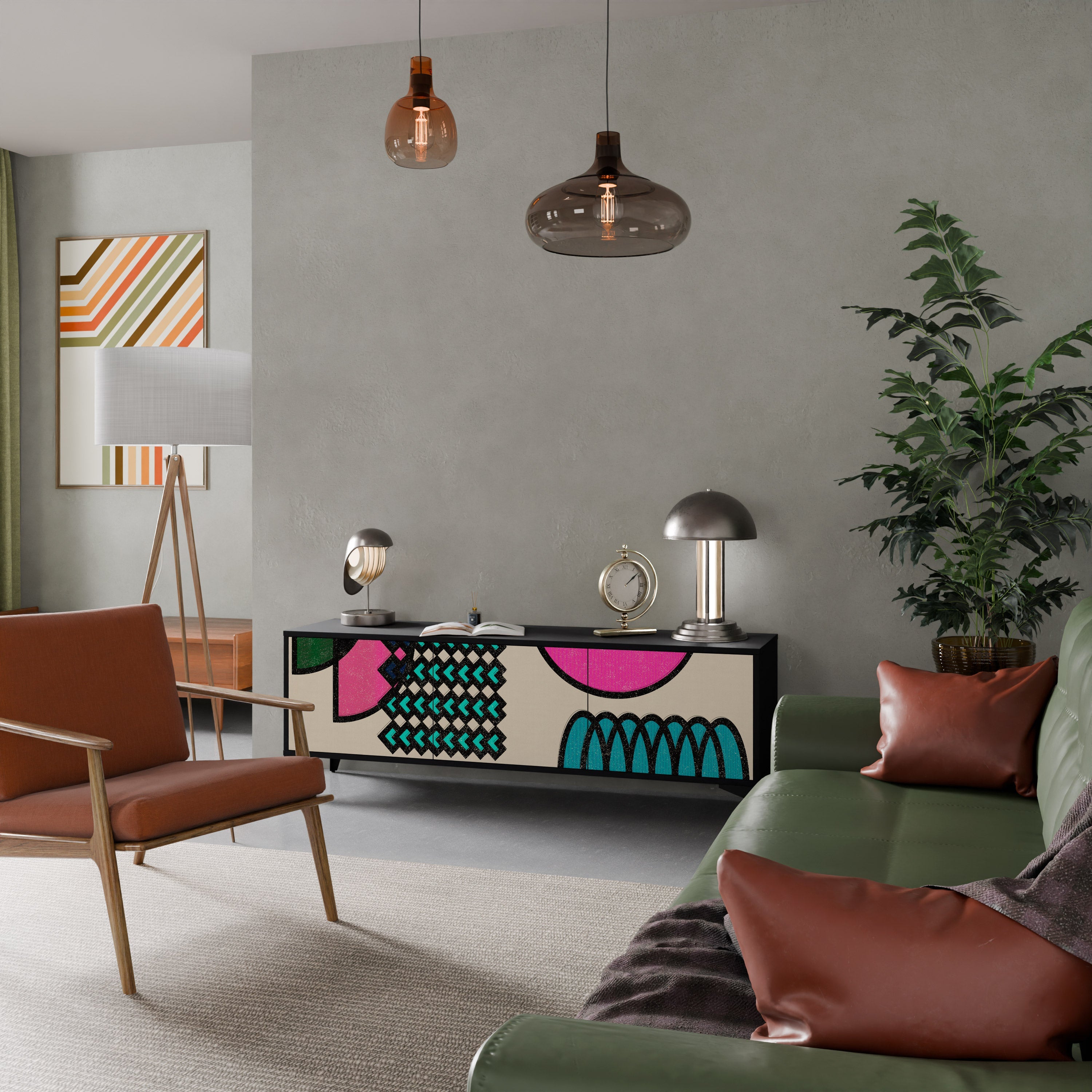 GEOMETRIC RHAPSODY TV-bänk med 3 dörrar i svart finish