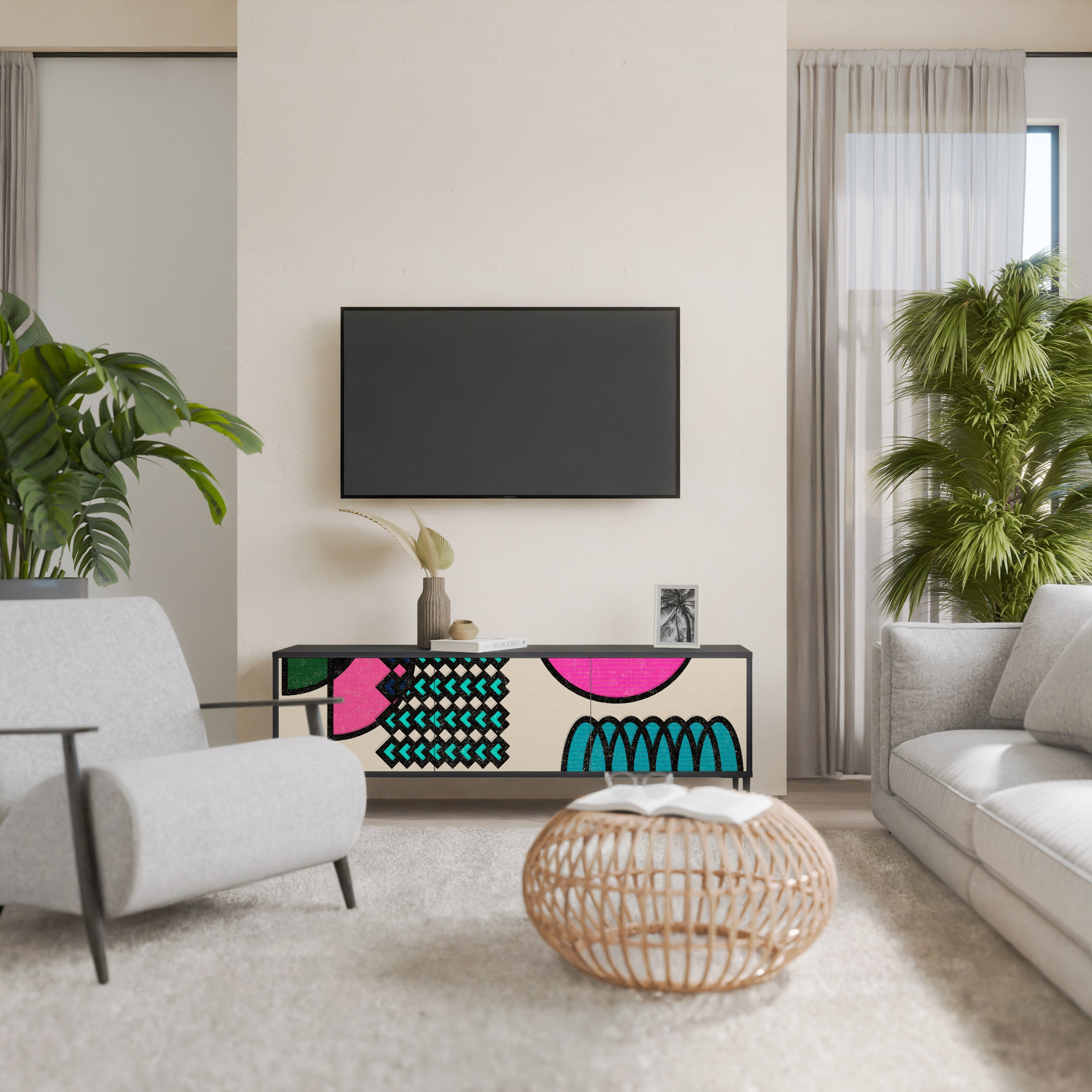 GEOMETRIC RHAPSODY TV-bänk med 3 dörrar i svart finish
