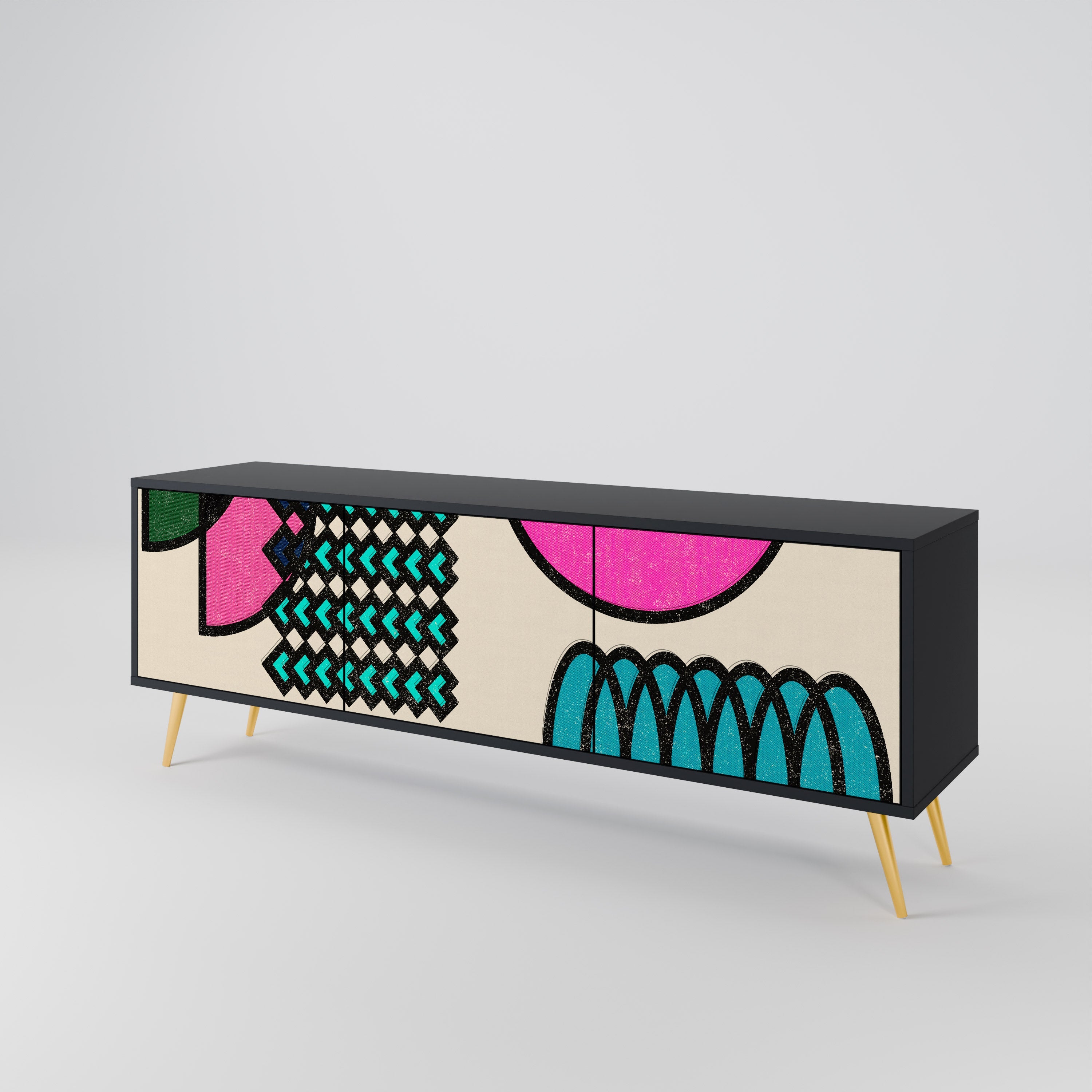 GEOMETRIC RHAPSODY TV-bänk med 3 dörrar i svart finish