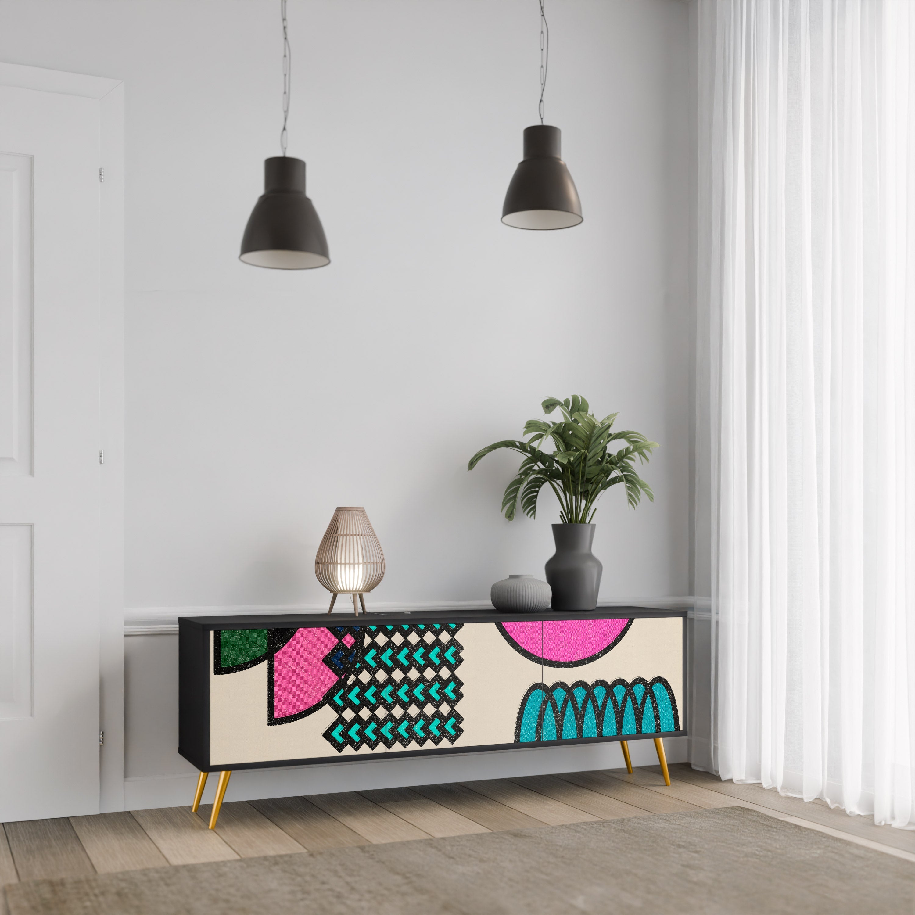 GEOMETRIC RHAPSODY TV-bänk med 3 dörrar i svart finish