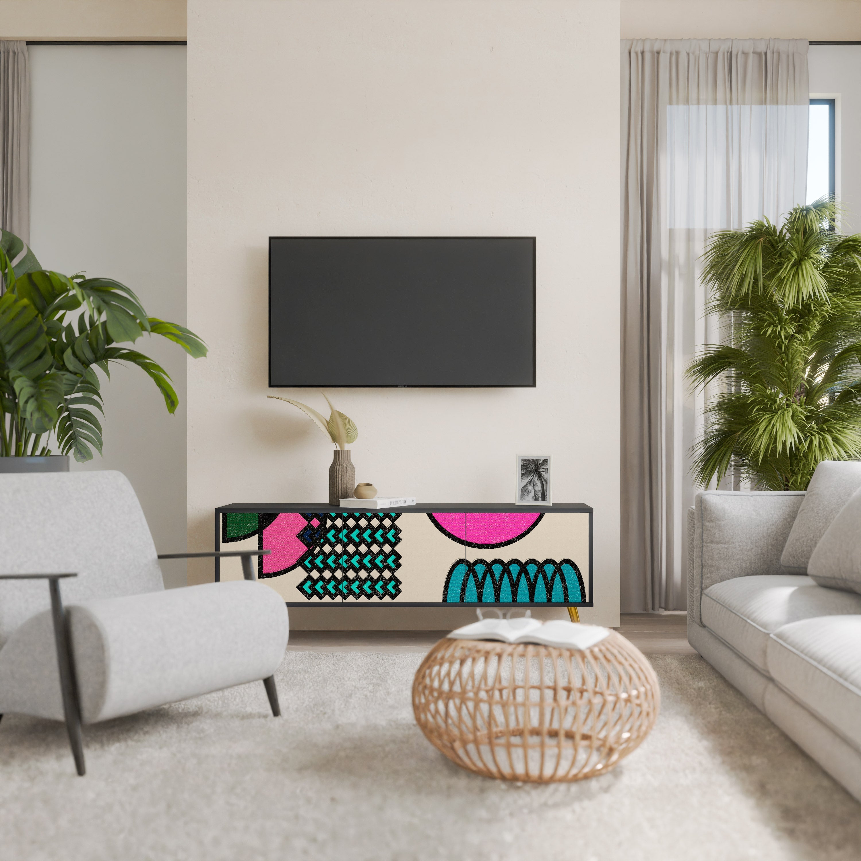 GEOMETRIC RHAPSODY TV-bänk med 3 dörrar i svart finish