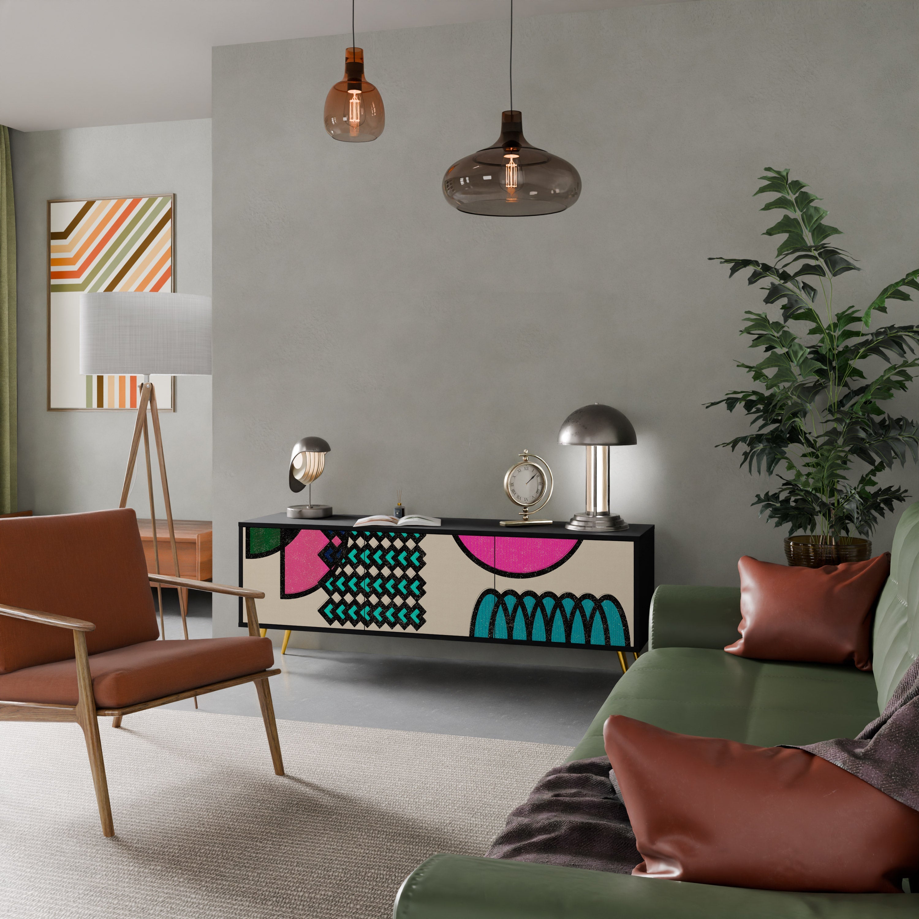 GEOMETRIC RHAPSODY TV-bänk med 3 dörrar i svart finish