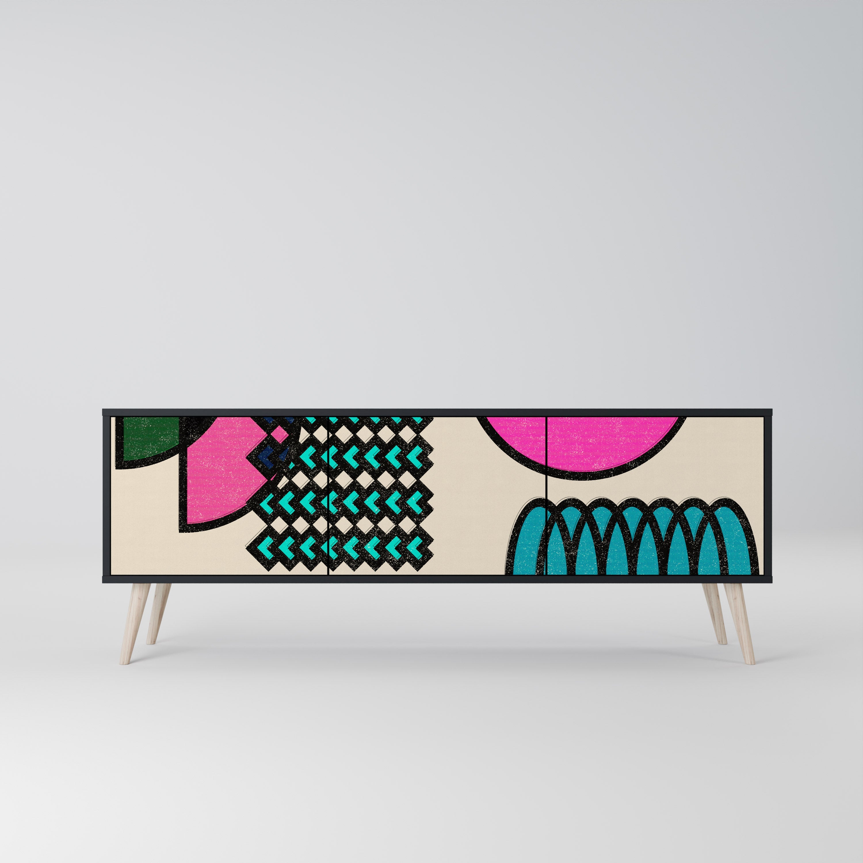 GEOMETRIC RHAPSODY TV-bänk med 3 dörrar i svart finish