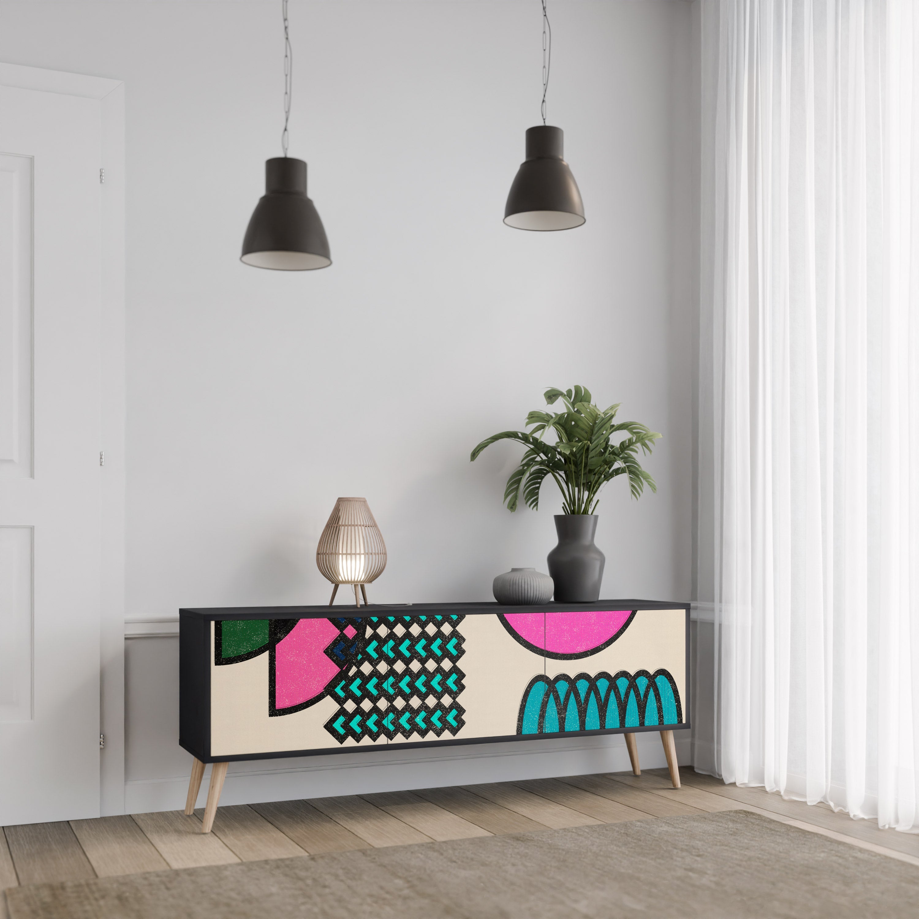 GEOMETRIC RHAPSODY TV-bänk med 3 dörrar i svart finish