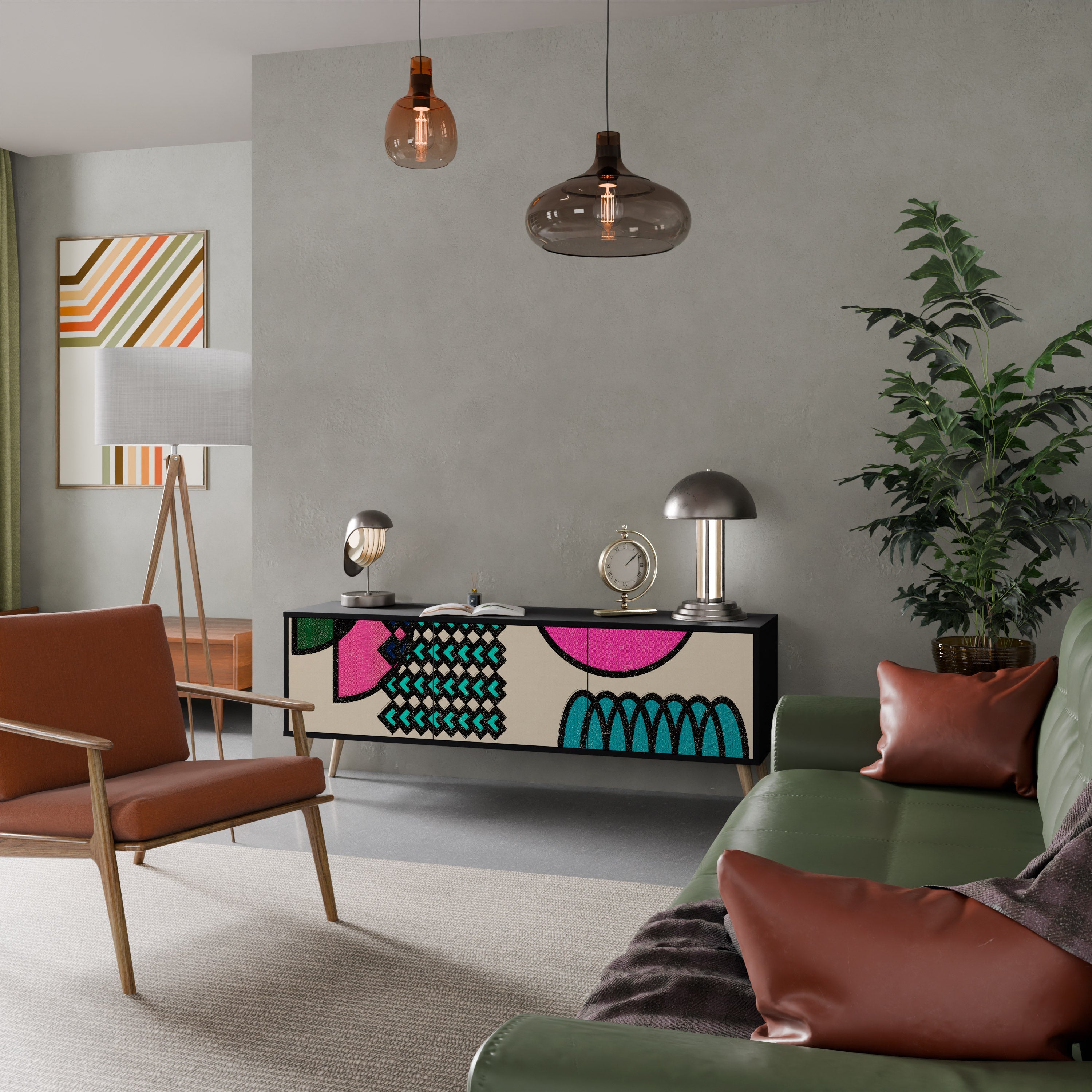 GEOMETRIC RHAPSODY TV-bänk med 3 dörrar i svart finish