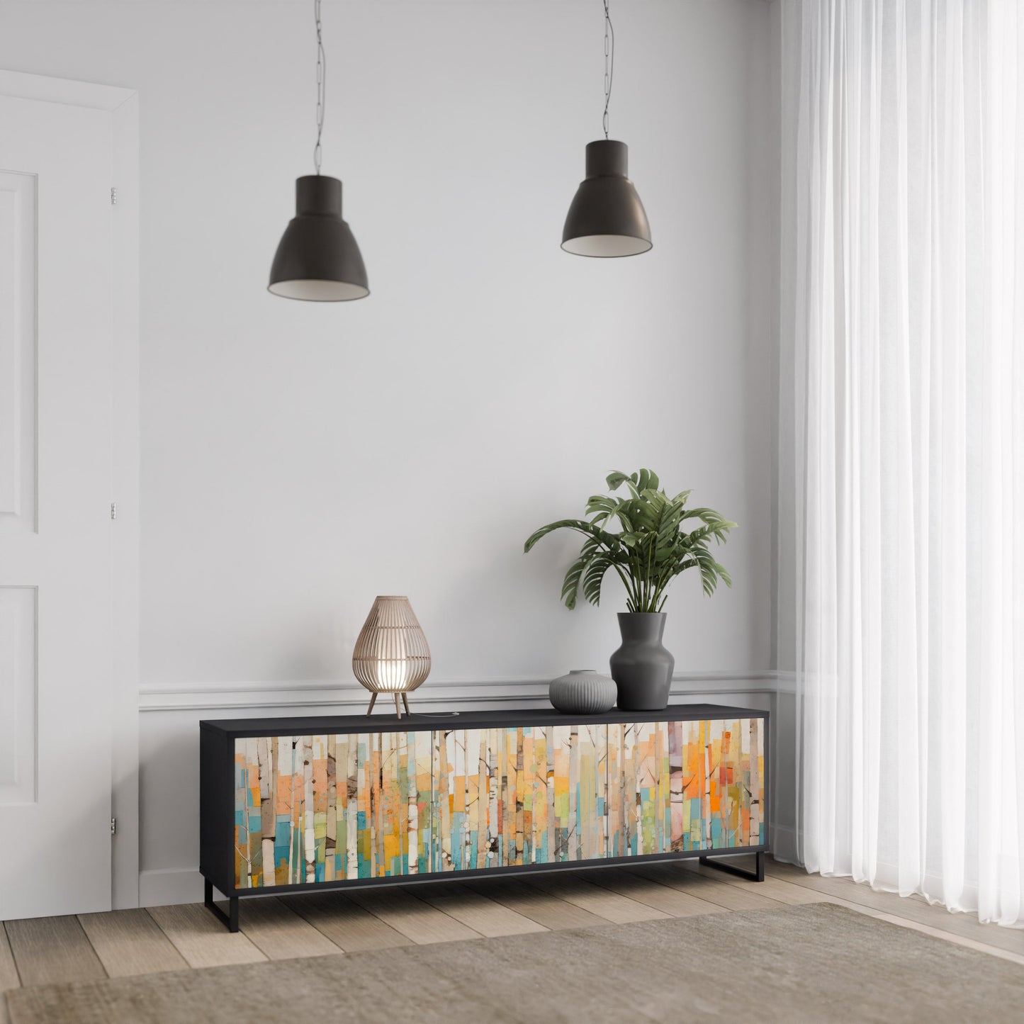 BIRCH KALEIDOSCOPE TV-bänk med 3 dörrar i svart finish