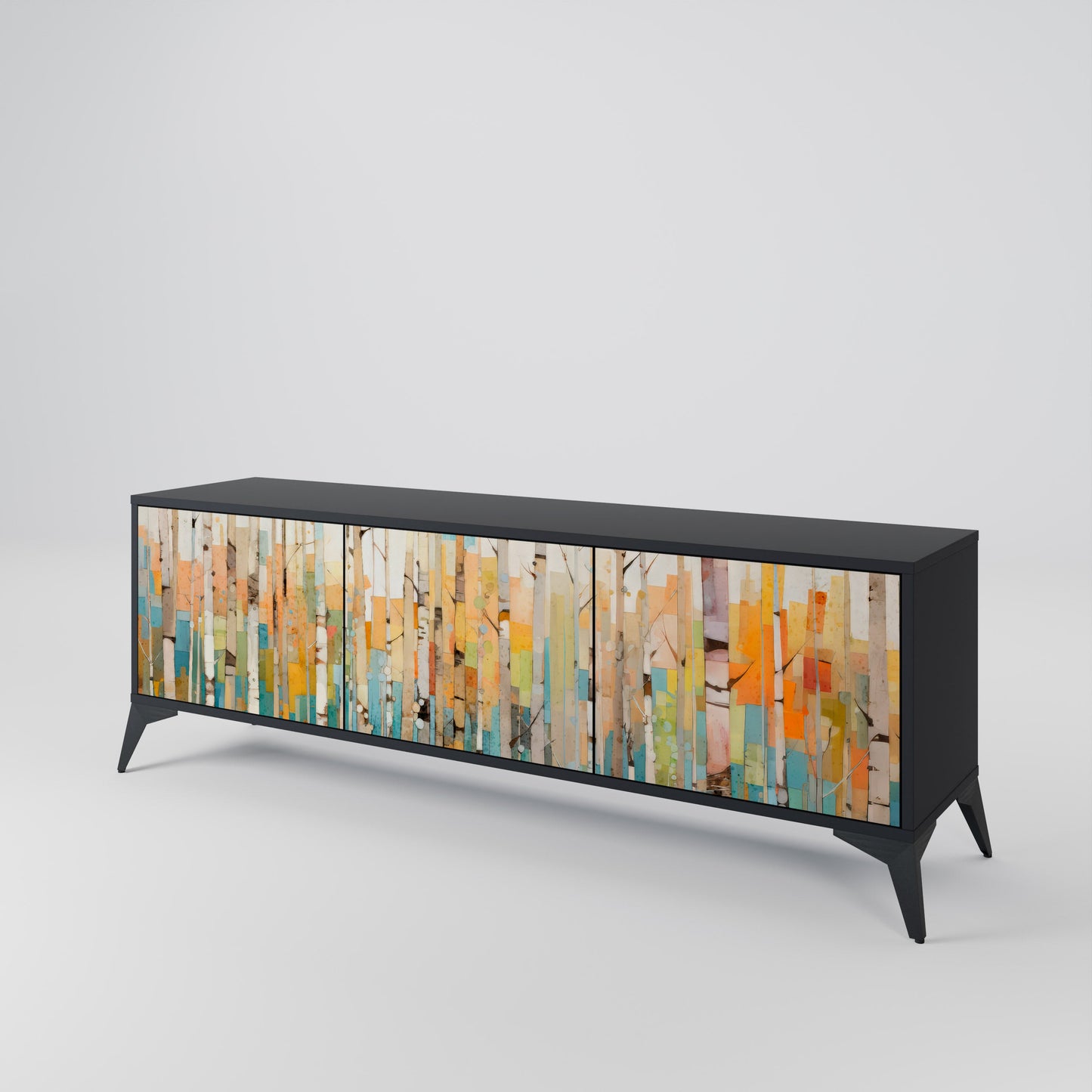 BIRCH KALEIDOSCOPE TV-bänk med 3 dörrar i svart finish