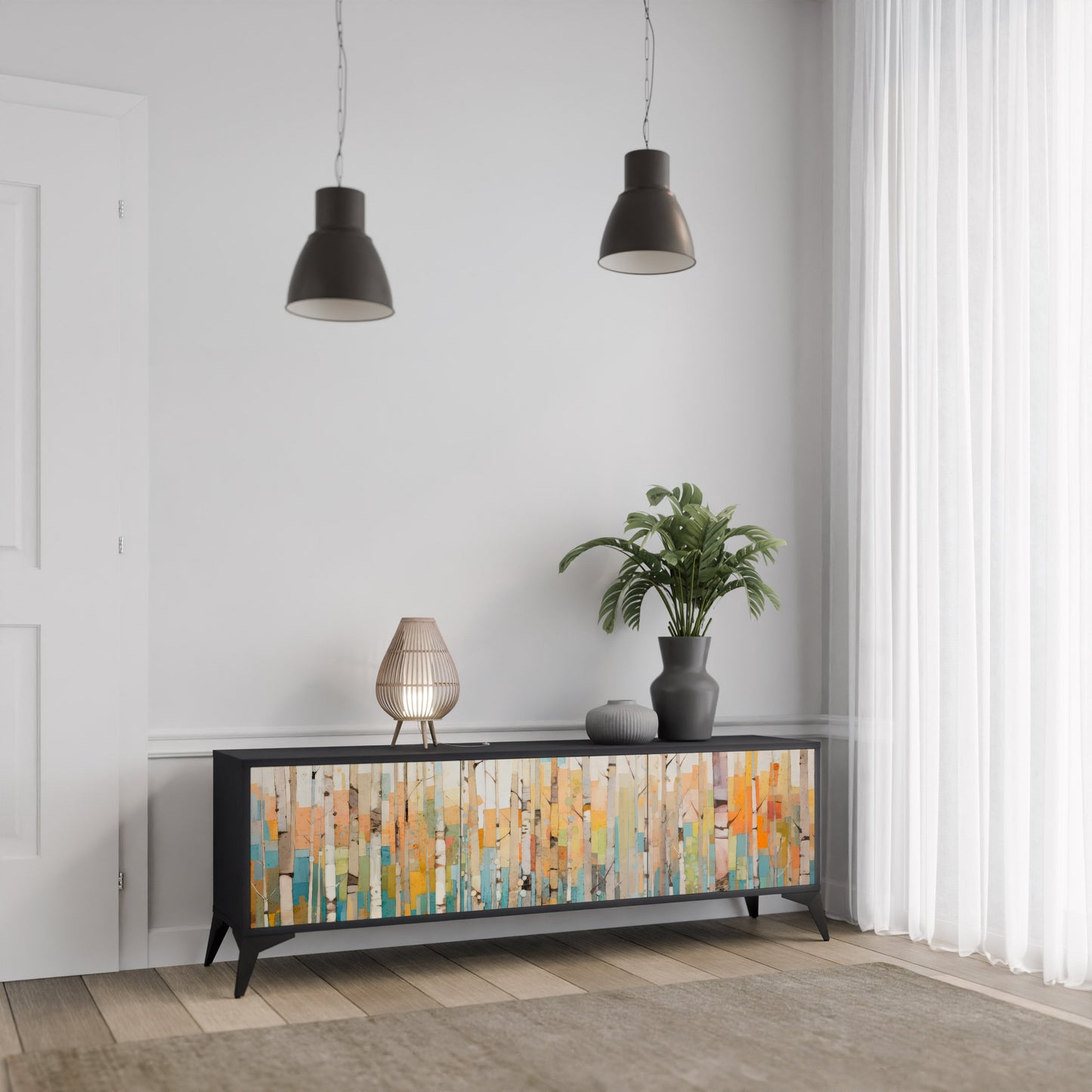 BIRCH KALEIDOSCOPE TV-bänk med 3 dörrar i svart finish