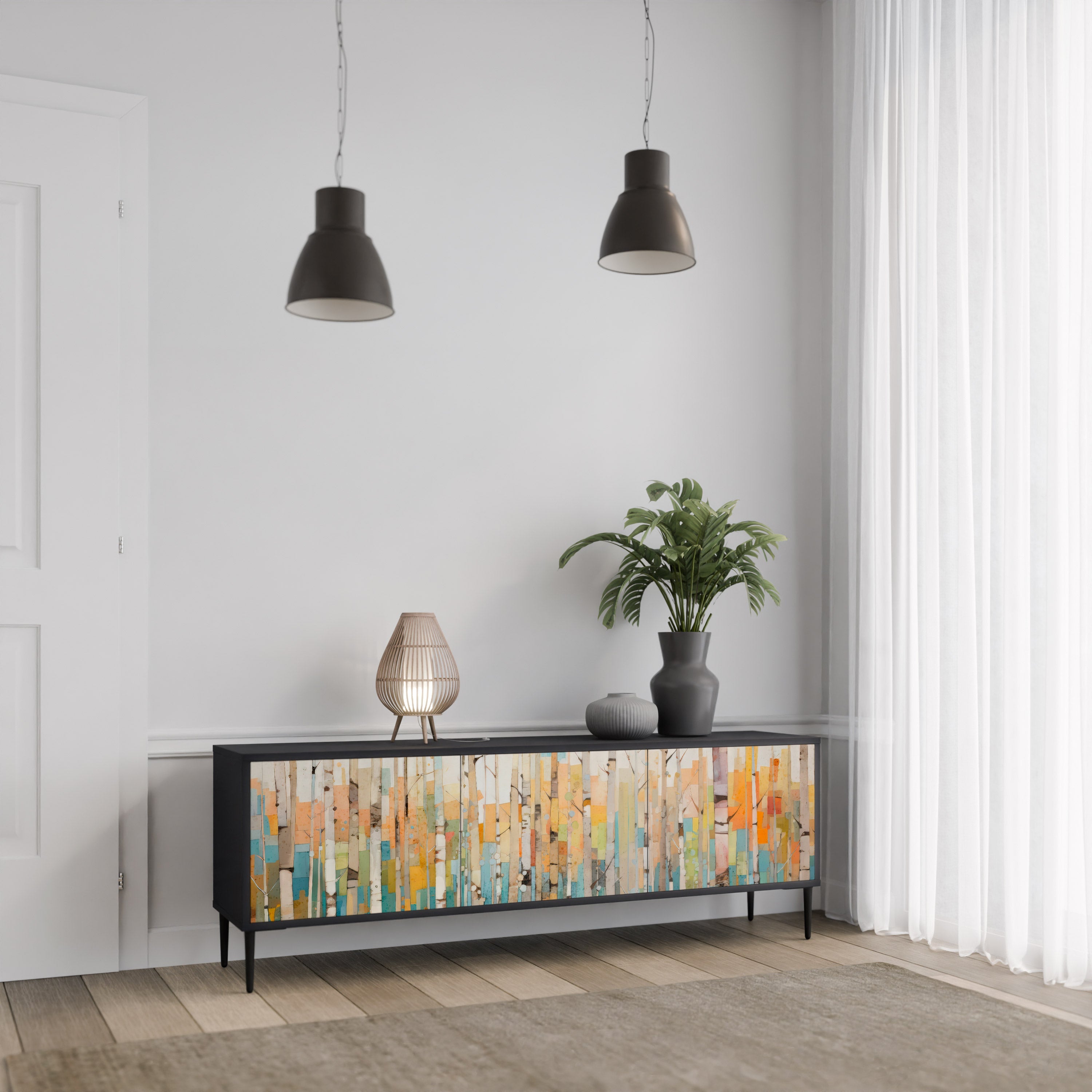 BIRCH KALEIDOSCOPE TV-bänk med 3 dörrar i svart finish