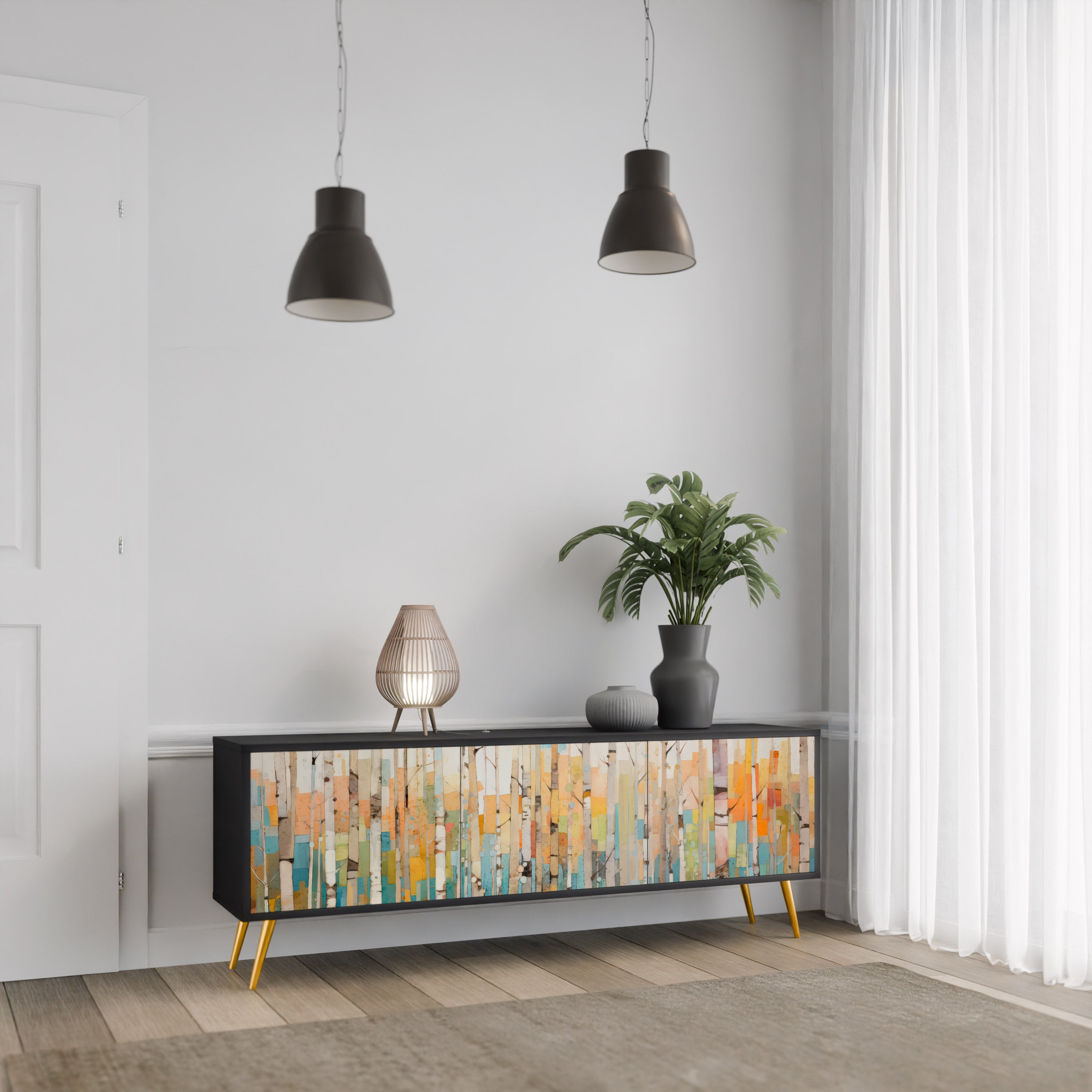 BIRCH KALEIDOSCOPE TV-bänk med 3 dörrar i svart finish