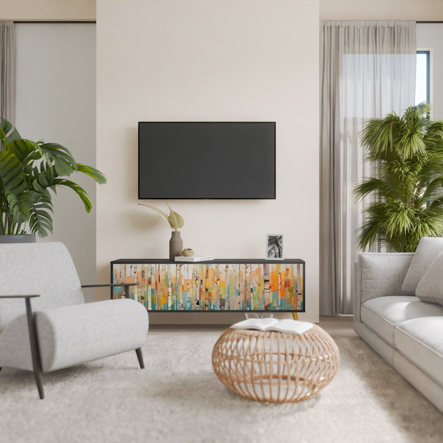 BIRCH KALEIDOSCOPE TV-bänk med 3 dörrar i svart finish