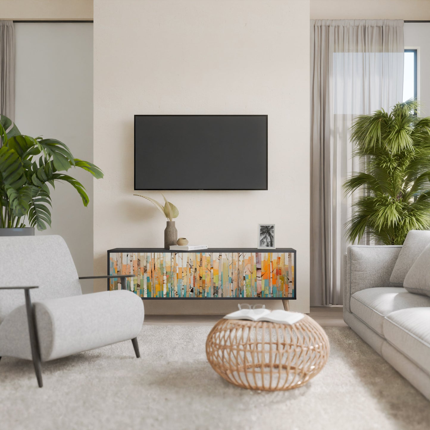 BIRCH KALEIDOSCOPE TV-bänk med 3 dörrar i svart finish