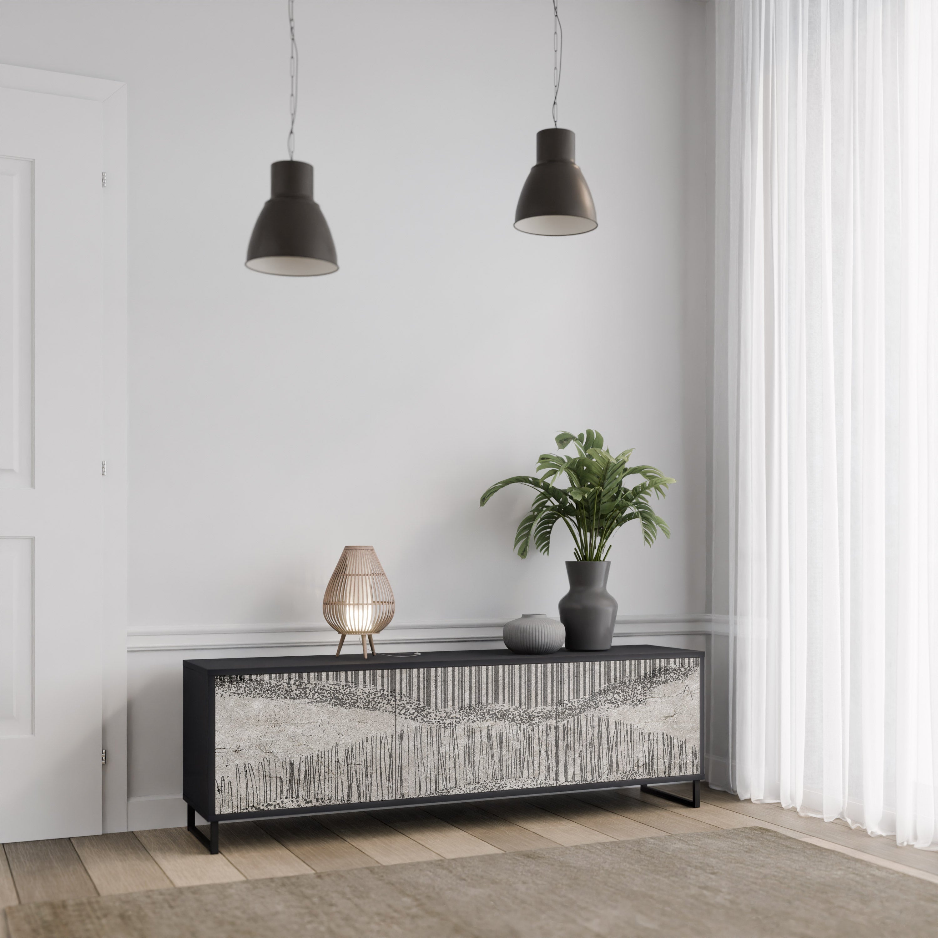 GRAIN LINES TV-bänk med 3 dörrar i svart finish