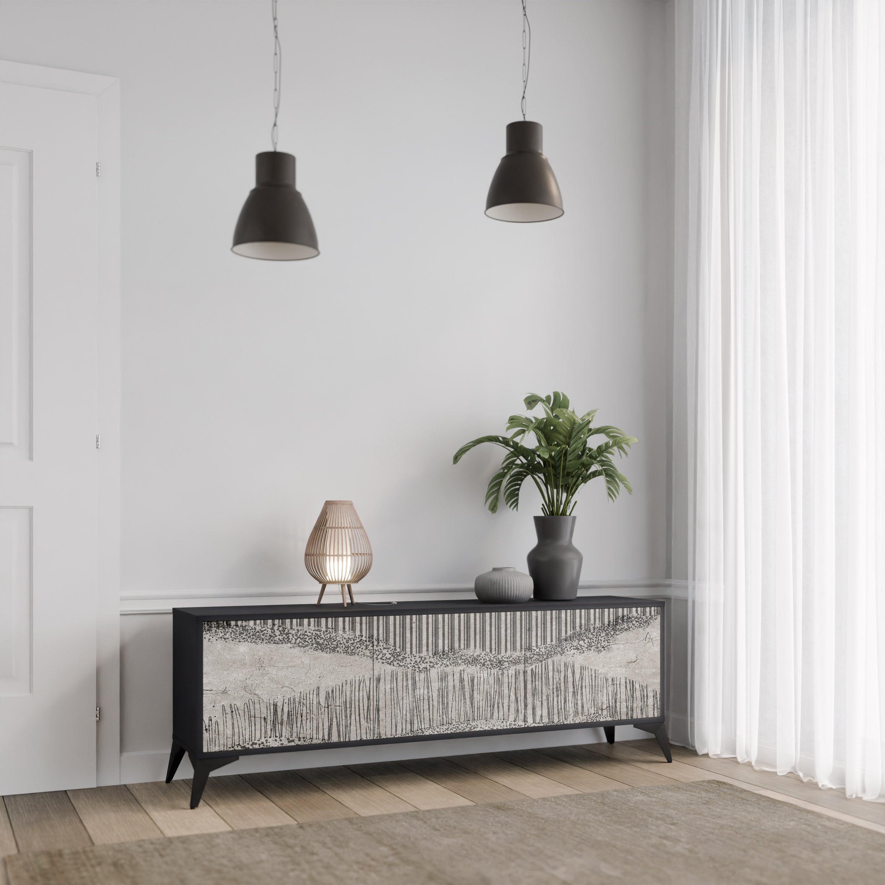 GRAIN LINES TV-bänk med 3 dörrar i svart finish